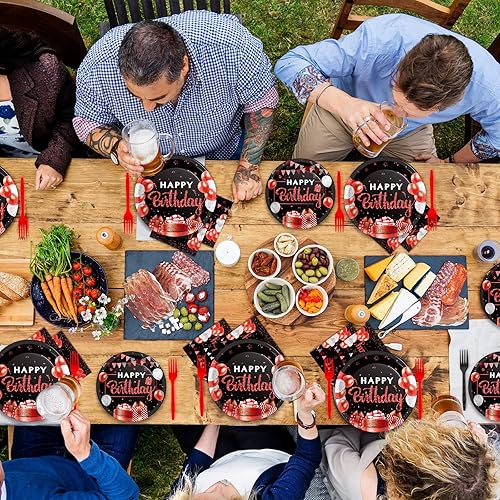 Miniatura 5 de Juego de 200 piezas de vajilla de fiesta de cumpleaños rojo y negro, suministros de feliz cumpleaños, platos de papel rojo y negro y servilletas,