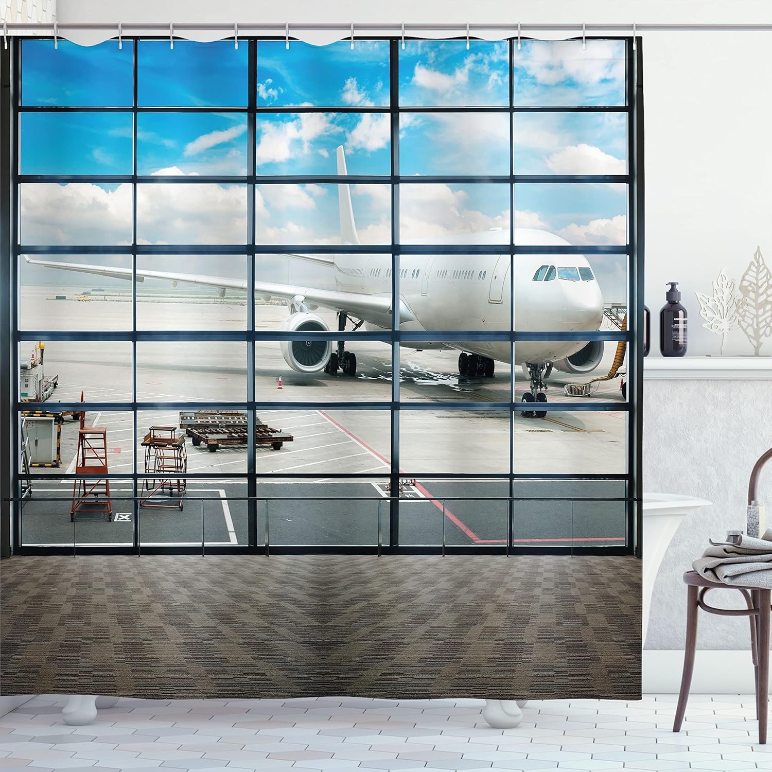 Ambesonne Modern Shower Curtain, China Shangai Airport with Big Jet Plane Traveller Photograph Art Print, Cloth Fabric Bathroom Decor Set with Hooks, 69" W x 75" L, Sky Blue and White