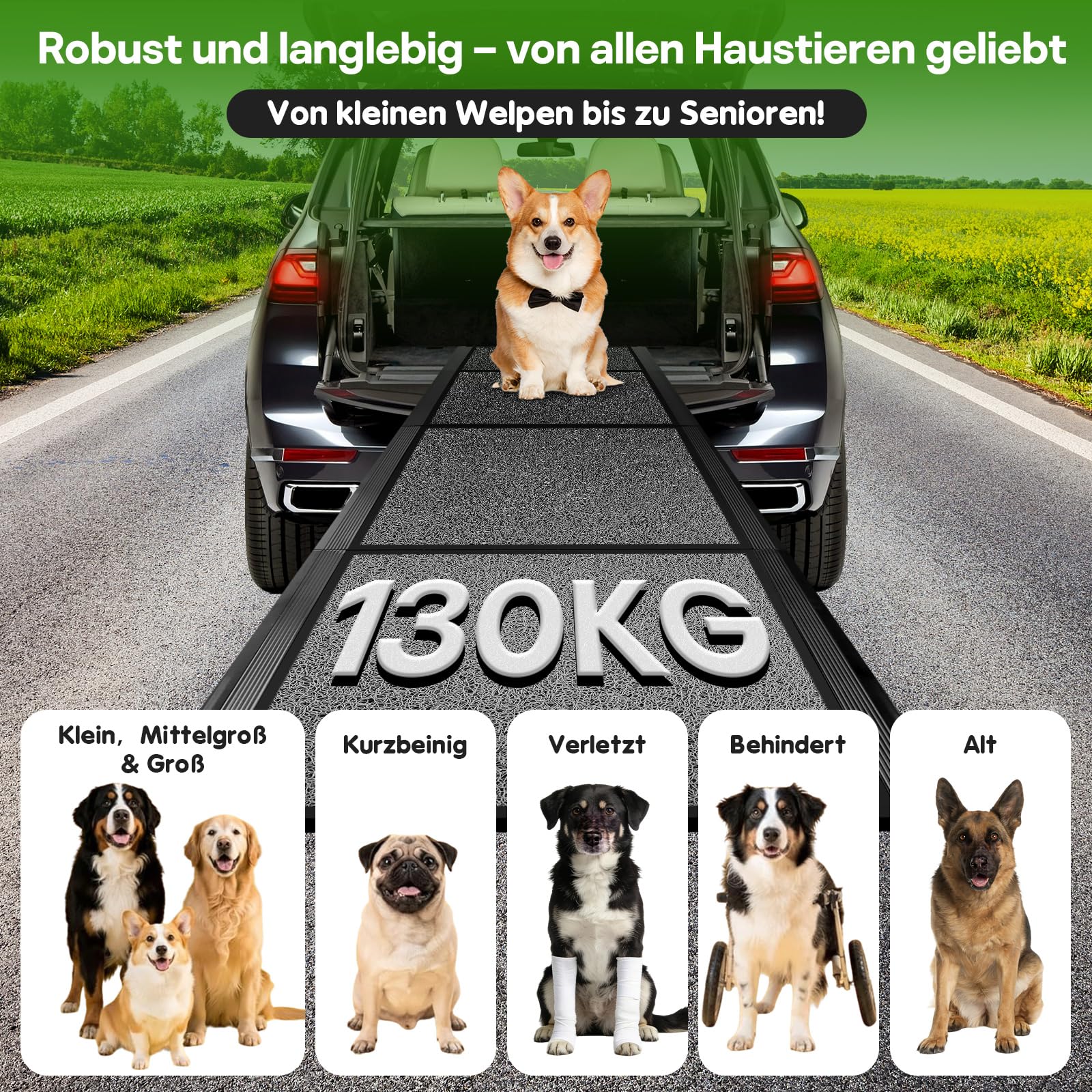 Hunderampe Auto Klappbar, 180CM x 50CM Extra Breit Hunderampe für große Hunde, Aluminium Hundetreppe Auto mit Schaumstoffgriff, bis 130 kg, rutschfest Rampe Hund für Autos, LKWs und SUV