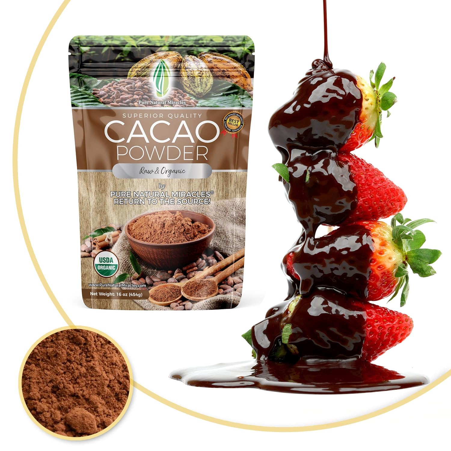 Pure Natural Miracles Cacao Powder 2 lb and Maca Root Powder 1 lb, Raw and USDA Certified Organic