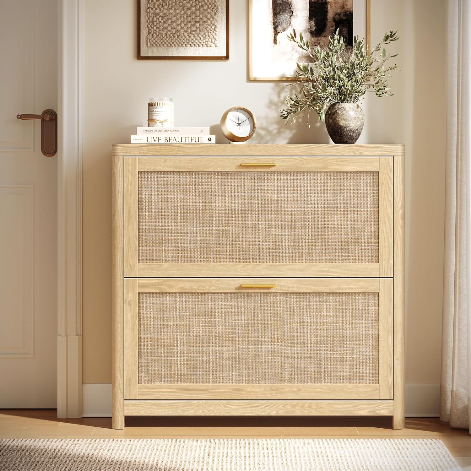 VASAGLE ELLAN Collection - Boho Shoe Storage Cabinet for Entryway Slim, Entry Shoe Cabinet with Rattan-Look Flip Drawers, Rounded Corners, Narrow for Entrance, Oak Beige UHSC601YC01