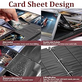 WOT I Deluxe Trading Card Binder, 450 Pockets Collectible Card Binder Sleeves, Refillable Leather 3 Ring Binder with Side-load Pocket Card Pages for Holding Cherished Cards - Red