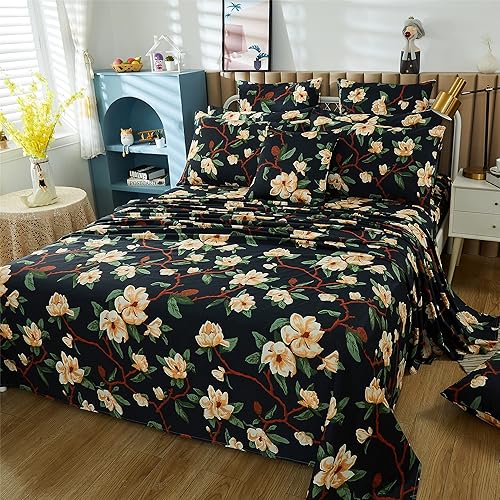 Miniatura 3 de FADFAY - Juego de sábanas para cama Cal King, diseño floral, color negro y amarillo, elegante, estampado de peonías, ropa de cama antigua de granja,