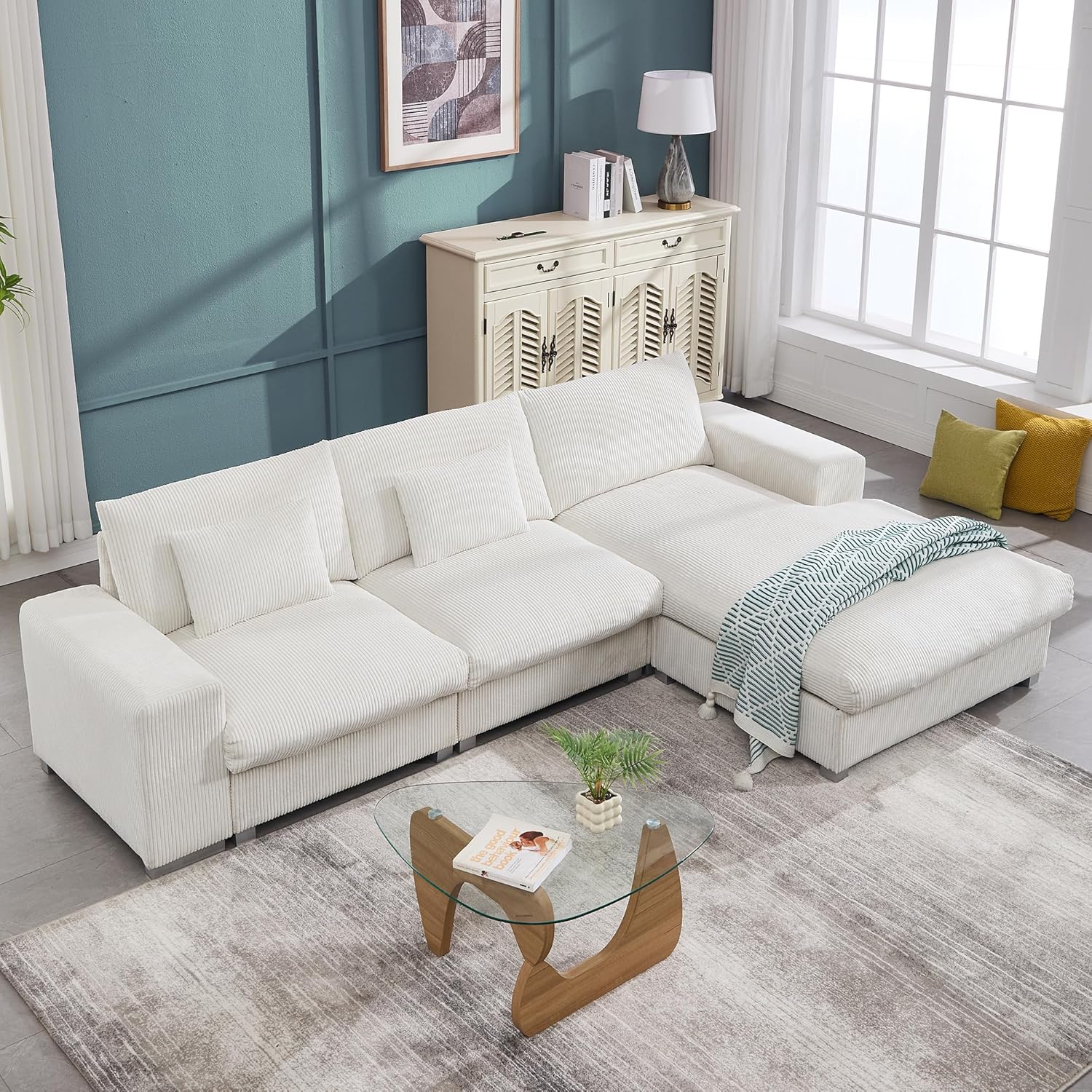 113 Inch Modular Sectional Sofa,Modern l-Shaped Deep Seats Corduroy Couch,Sponge Couches with Chaise Lounge for Living Room Or Bedroom (White)