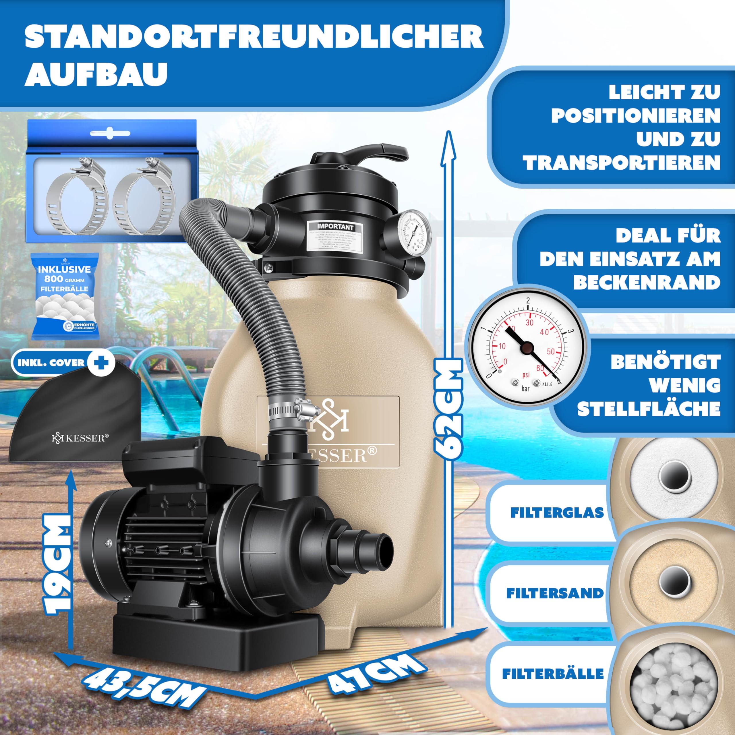 KESSER® Sandfilter Sandfilteranlage + 800g Filterbälle ersetzen 25kg Filtersand-Poolfilter 10 m³/h Filteranlage Filterkessel für Pool Schwimmbecken 4-Wege Ventil, einfache Steuerung, Inkl. Cover,Sand