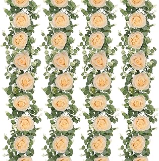Dolicer 4Pcs 26Ft Artificial Eucalyptus Garlands with Flowers - 8 Roses, Faux Floral Greenery Garlands Fake Flowers Vines for Wedding Table Centerpieces Arch Party Ceremony Backdrop Decor (Champagne)