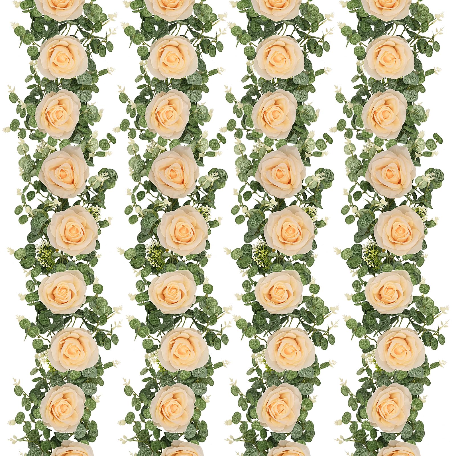 Dolicer 4Pcs 26Ft Artificial Eucalyptus Garlands with Flowers - 8 Roses, Faux Floral Greenery Garlands Fake Flowers Vines for Wedding Table