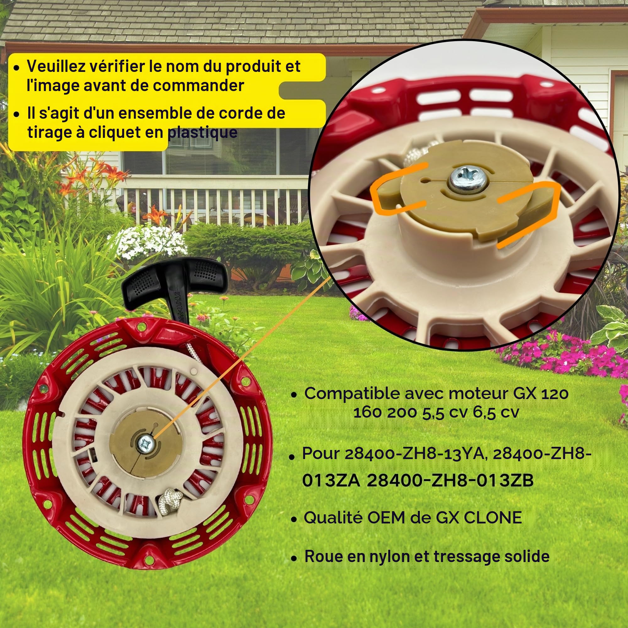 Lanceur GX160 Rewind Starter Pull Start Assembly avec corde de traction pour Honda GX120 GX160 GX200 28400-ZH8-013ZA 28400-ZH8-13YA, Oregon 31-052