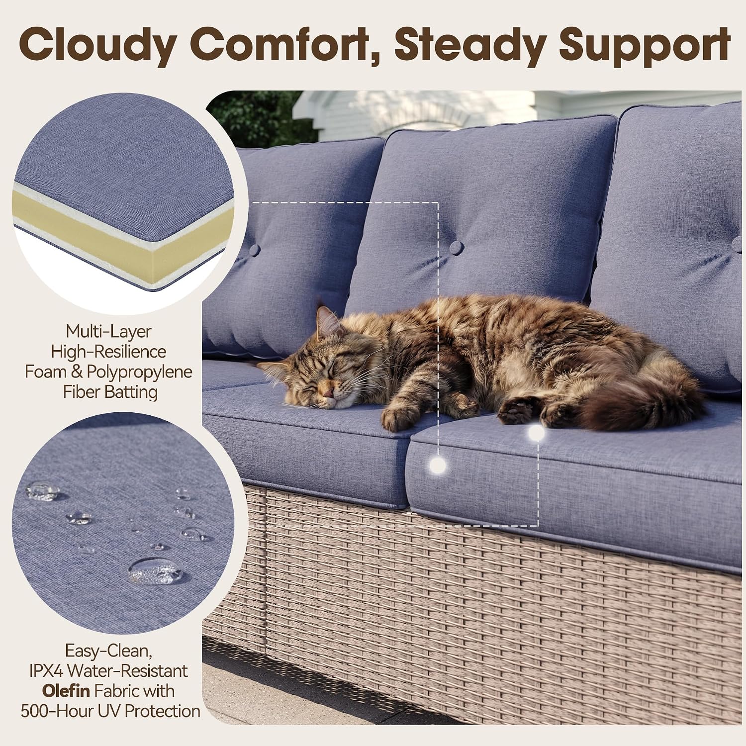 NestNook 6 Piece Patio Furniture Set, Outdoor Furniture Wicker Swivel Chairs Set of 2 with 3-Seater Sofa, 2 Ottomans and Coffee Table Patio Conversation Set for Backyard Balcony & Poolside（Blue）