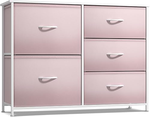 Miniatura 13 de Sorbus Cómoda para niños con 5 cajones - Unidad organizadora de cajonera con marco de acero, parte superior de madera y asas, contenedores de tela