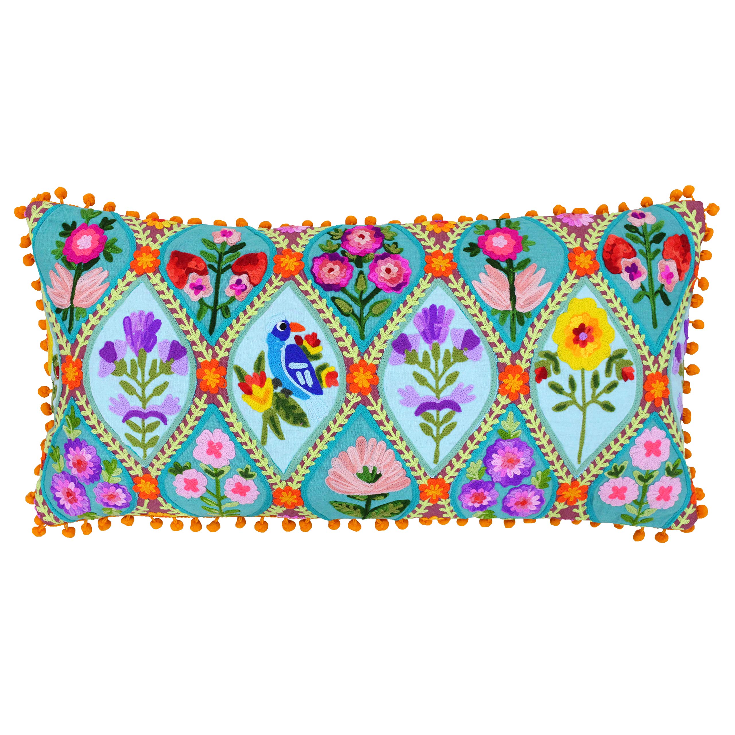 Riva Paoletti Marino Cushion Cover Multicoloured Embroidered Floral Geometric Design Contrasting Orange Pompom Edges 100% Cotton 30 x 60cm (12" x 24" inches)