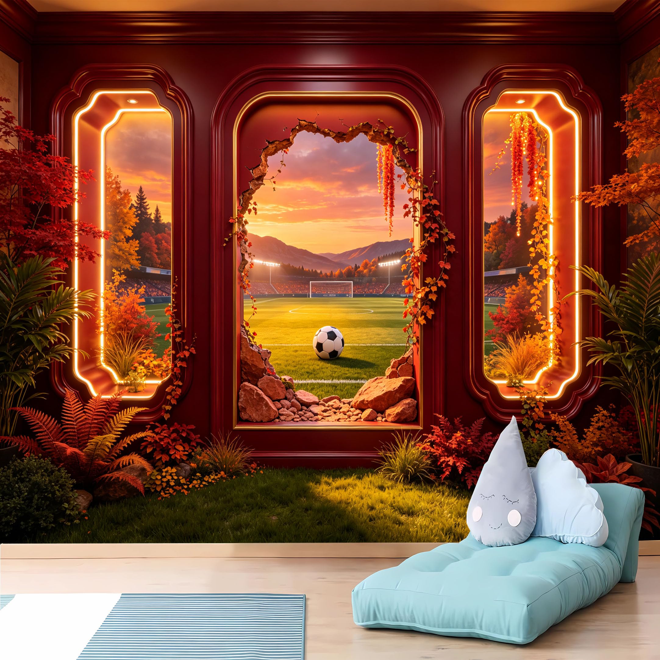 Custom Size Wall Murals,3D Soccer Field Stadium Sunset Breakthrough Wall Murals,Wall Covering Fabric,Self-Adhesive Removable Wallpaper for Man Cave Bedroom