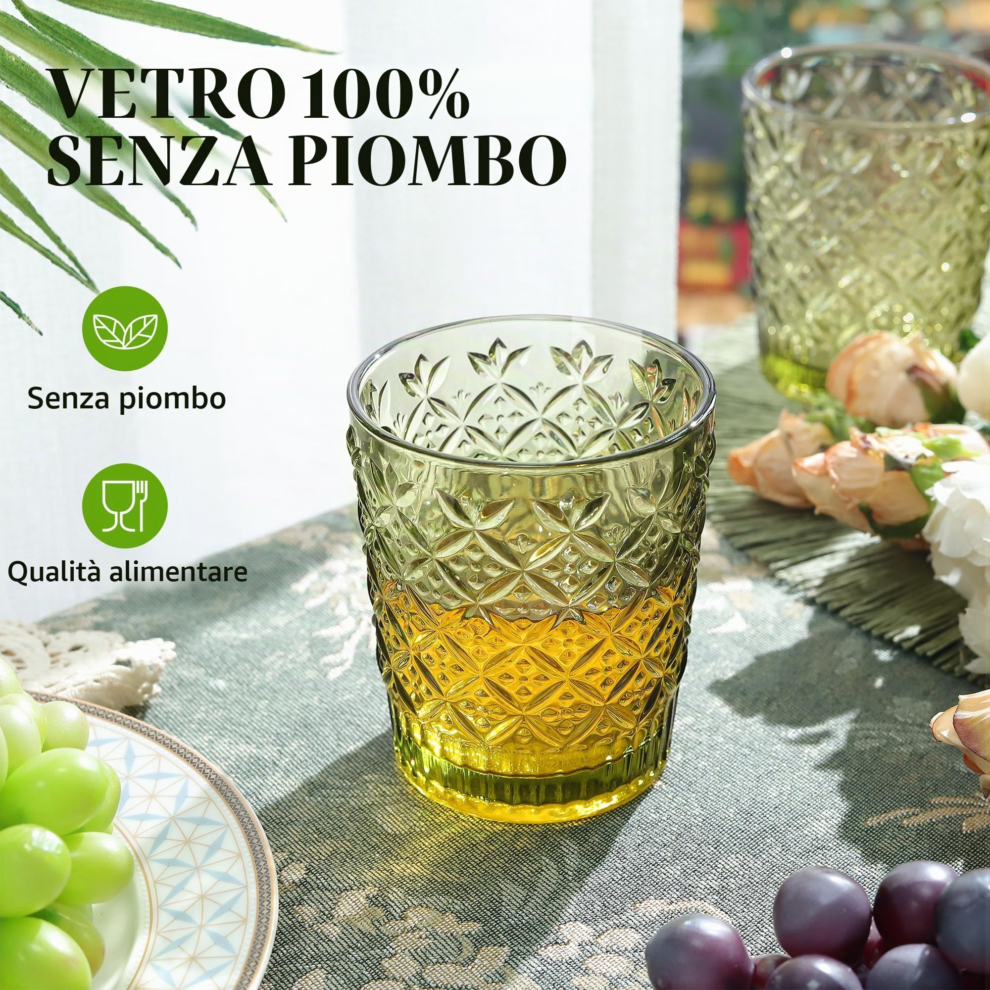 Joeyan 32cl Bicchieri da Acqua in Vetro Colorati, Set di 6 Verde Tumbler Basso con Quadretti Caramella Rilievo, Design Moderni, Idea Regalo Per Matrimoni, Feste e Casa Nuova, Lavabile in Lavastoviglie