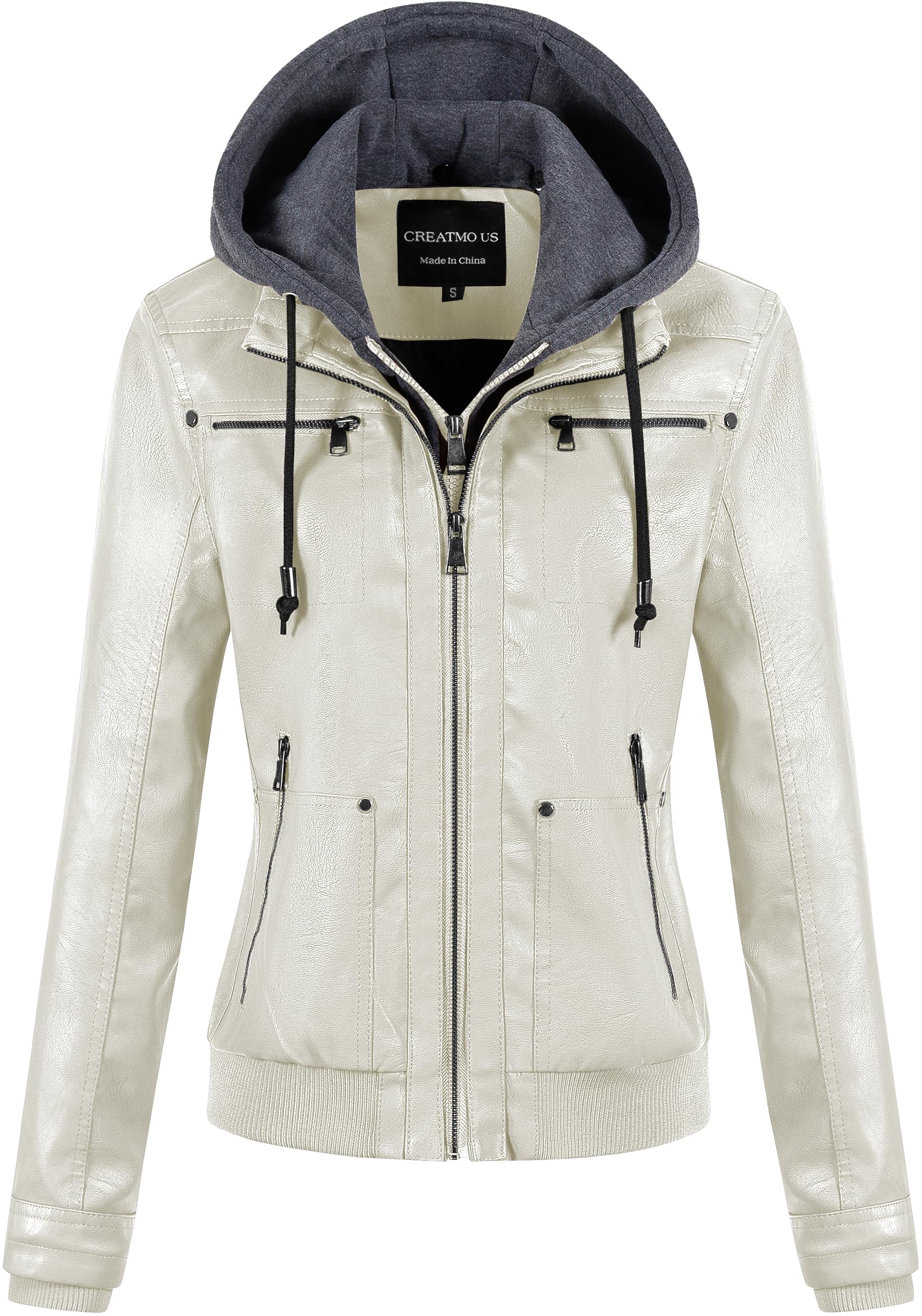 CREATMO US Damen Kunstleder Jacke Wasserdicht Motorrad Bomberjacke Vintage PU Moto Biker Mantel mit Abnehmbarer Kapuze