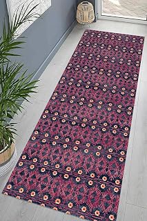 Pelangi Kilim Desenli Etnik Dijital Baskı Yıkanabilir Kaymaz Taban Modern Salon Halı ve Yolluk, Mor 100 x 400, 95546601004007