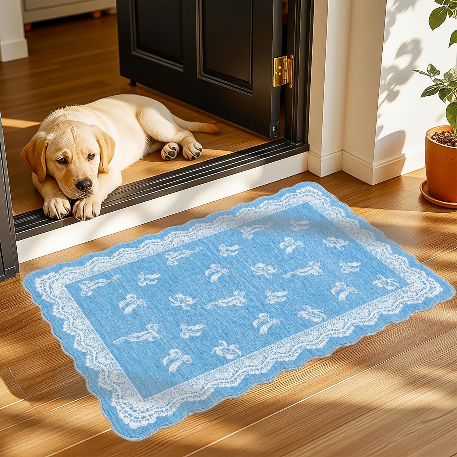 ORTIGIA Washable Scalloped Entry Rug 2x3, Non-Slip Low Pile Blue Bathroom Mat, Lace Bow Cherry Door Mat for Entryway Dorm Nursery Hallway Indoor
