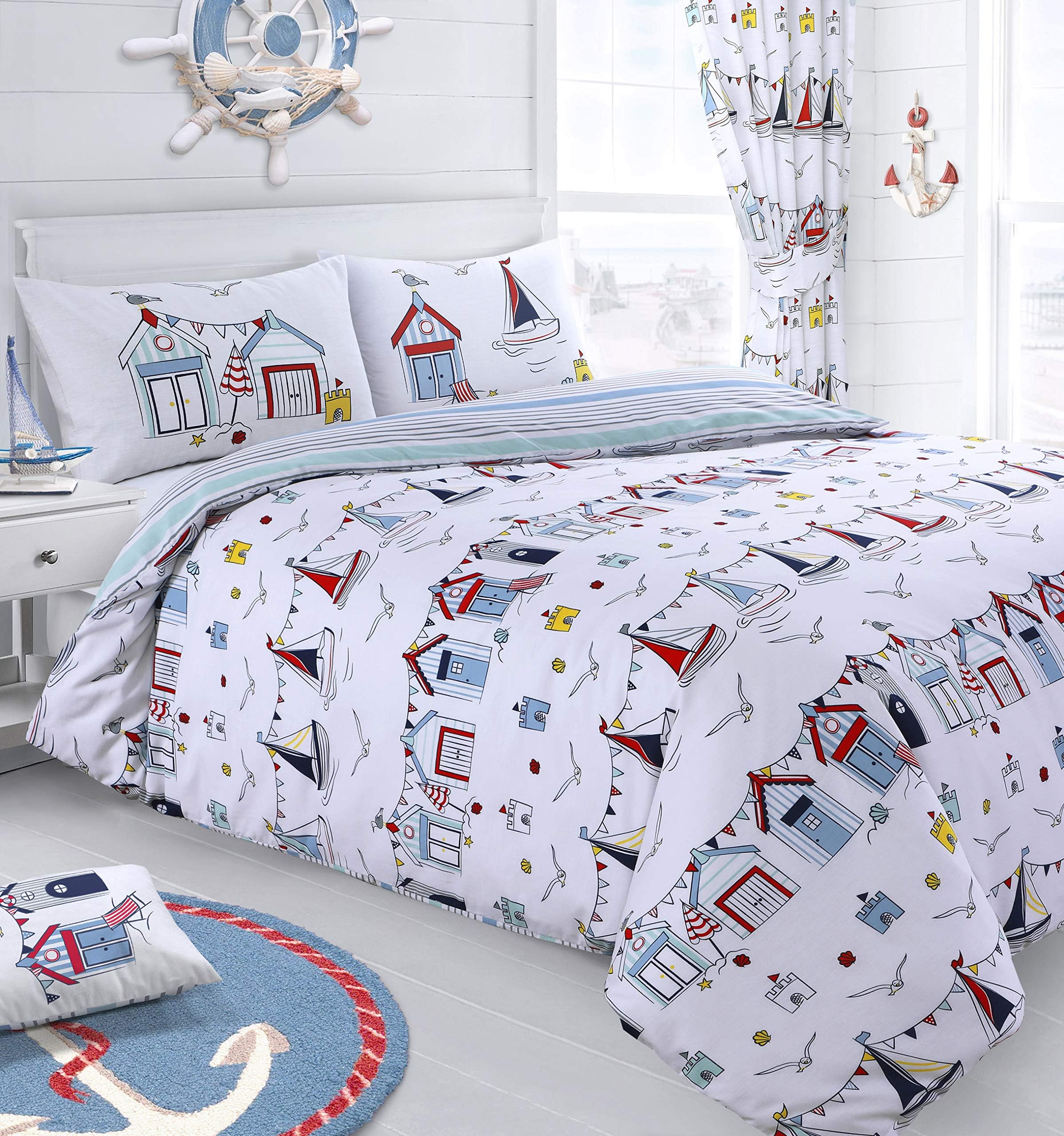 – Nautical Seaside Boats Beach Hut Sail Reversible Duvet Cover & Pillowcase Bedding Set (Single)