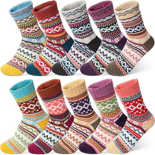 10 Pairs Women Socks Winter Wool Sock Thick Vintage Crew Socks for Women Cozy Socks Gifts for Women Size 9-11 One Size