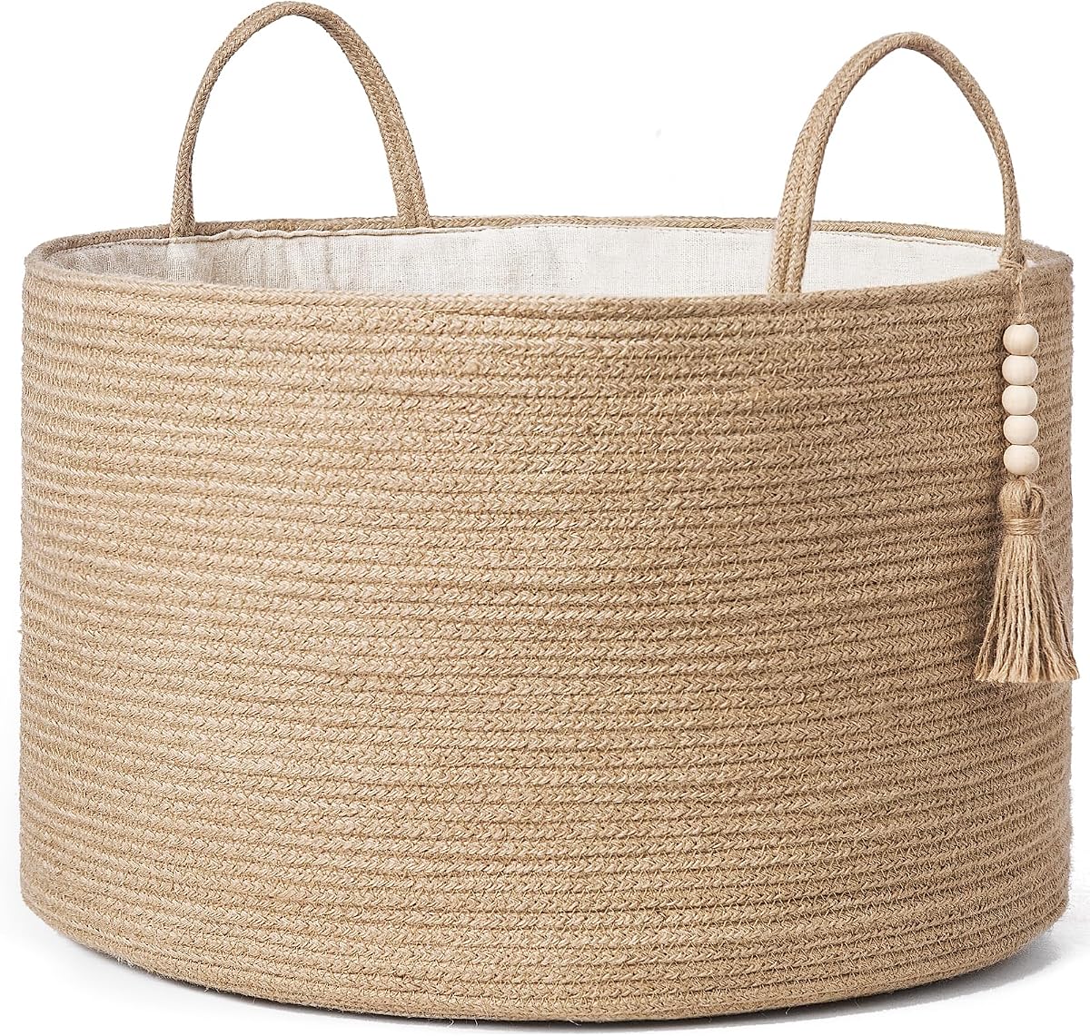 Cesta de almacenamiento tejida Mkono para manta, organizador de plantas de juguetes, 22 pulgadas de ancho x 13,8 pulgadas de largo | Marrón, yute, cesta decorativa con asa, borla de cuentas de madera, papelera para guardar ropa, toalla, sala de estar, dormitorio, guardería