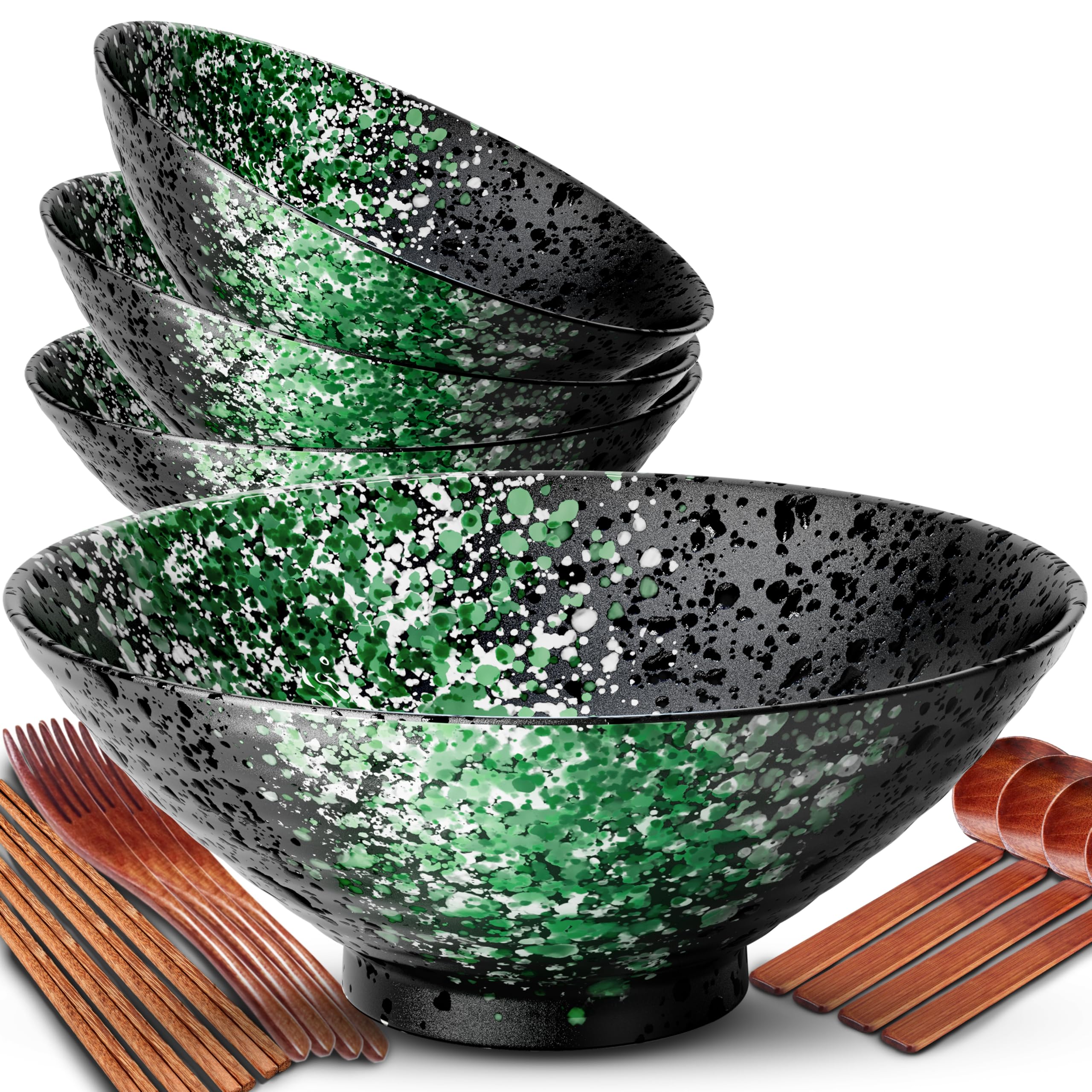 8-Inch Ramen Bowl Set 4 Large Japanese Bowls Ceramic Microwavable 16pcs