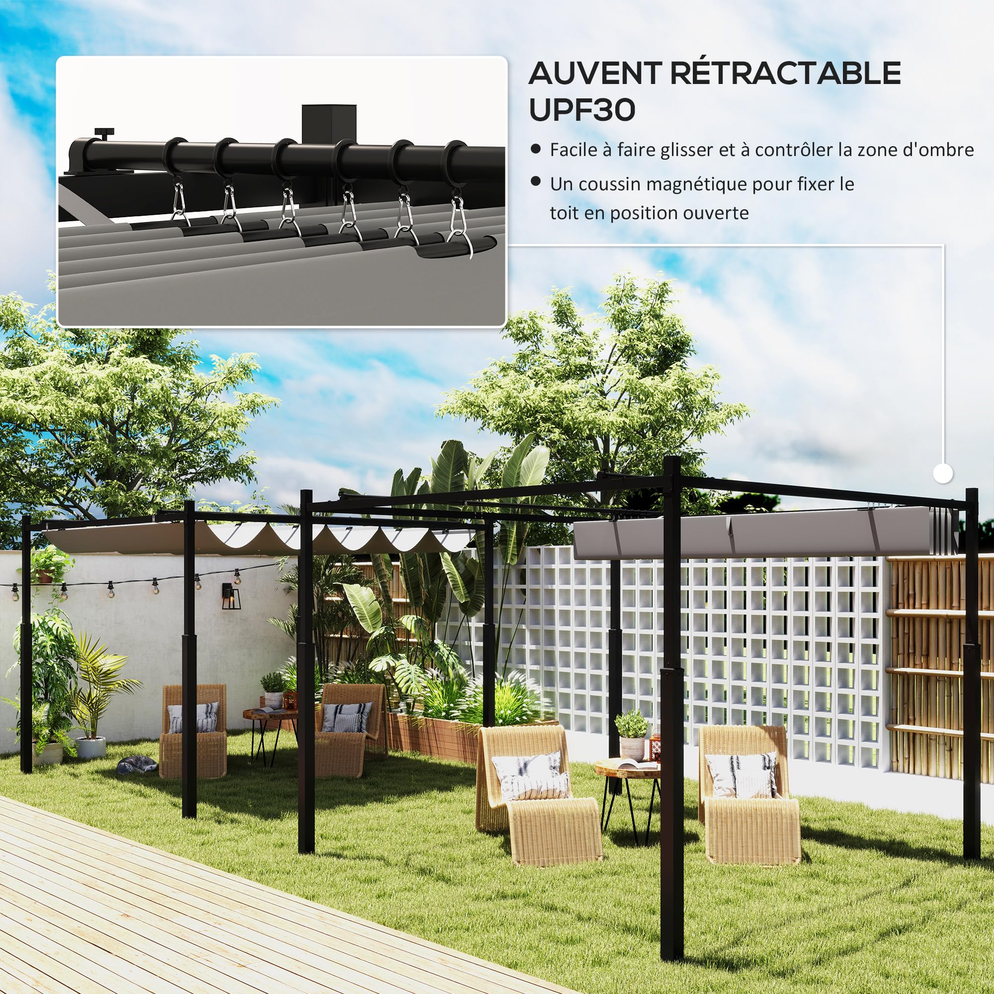 Outsunny Pergola Coulissante Rétractable 3x3 m Fixation Magnétique Gris