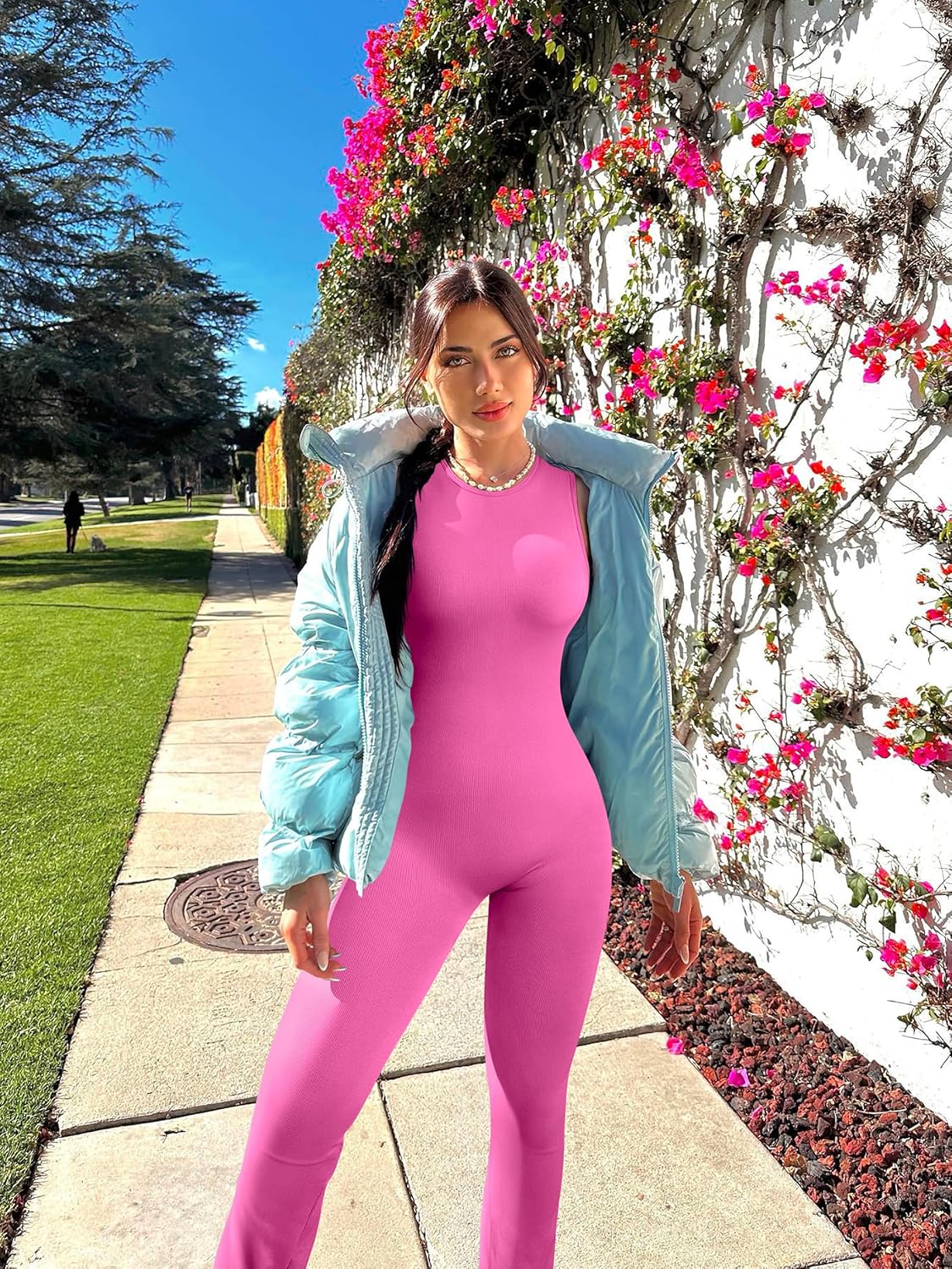 OQQ Women Yoga Jumpsuits Ribbed Crew Neck Sleeveless Bell Bottoms Flare Jumpsuits - Image 2