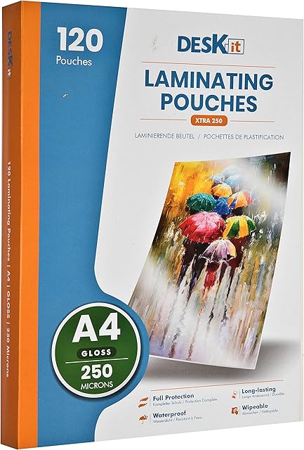 Deskit Extra-Strong Laminating Pouches, A4 Gloss, 250 Microns, 120 per Pack. Create Clear and Durable Presentations - Extra-Strong for Long-Lasting Documents