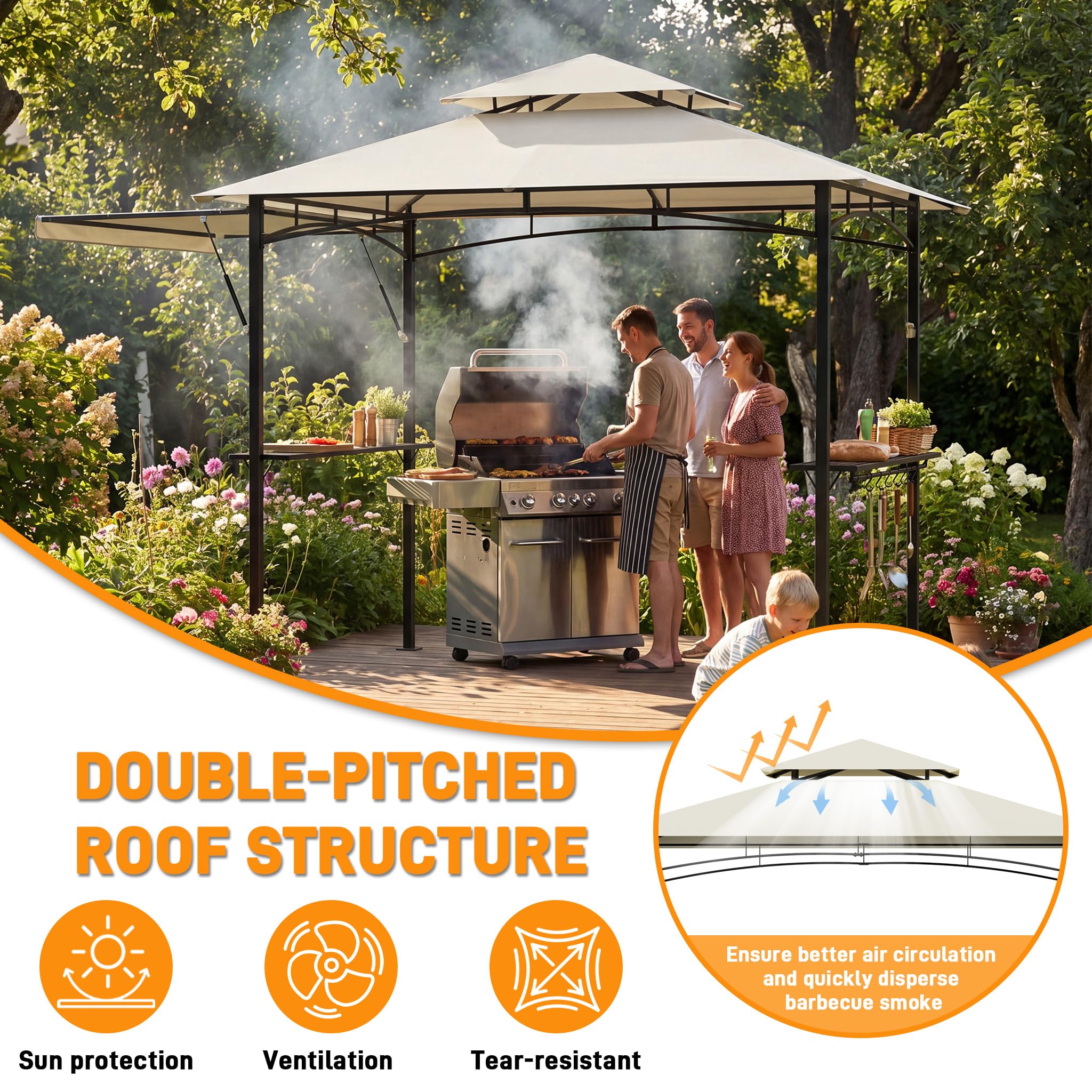 UISEBRT Tonnelle pour barbecue avec store latéral extensible, abri de barbecue avec 2 étagères, crochets et décapsuleur, double toit résistant aux intempéries pour ventilation et évacuation de la