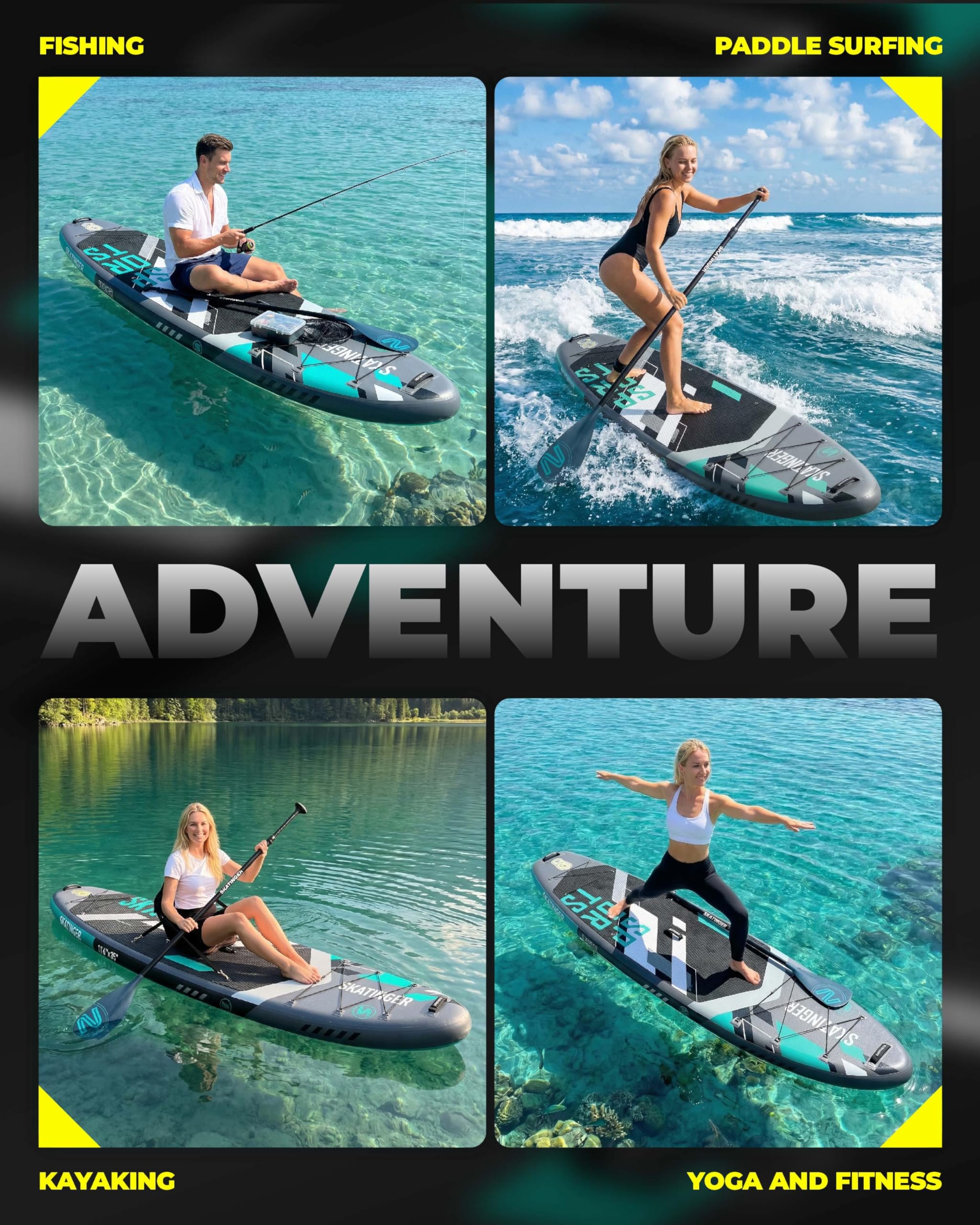 Skatinger Tavola da SUP gonfiabile 11'6 × 35" ultra stabile per 2+1 persone con zaino 100 l pinna americana