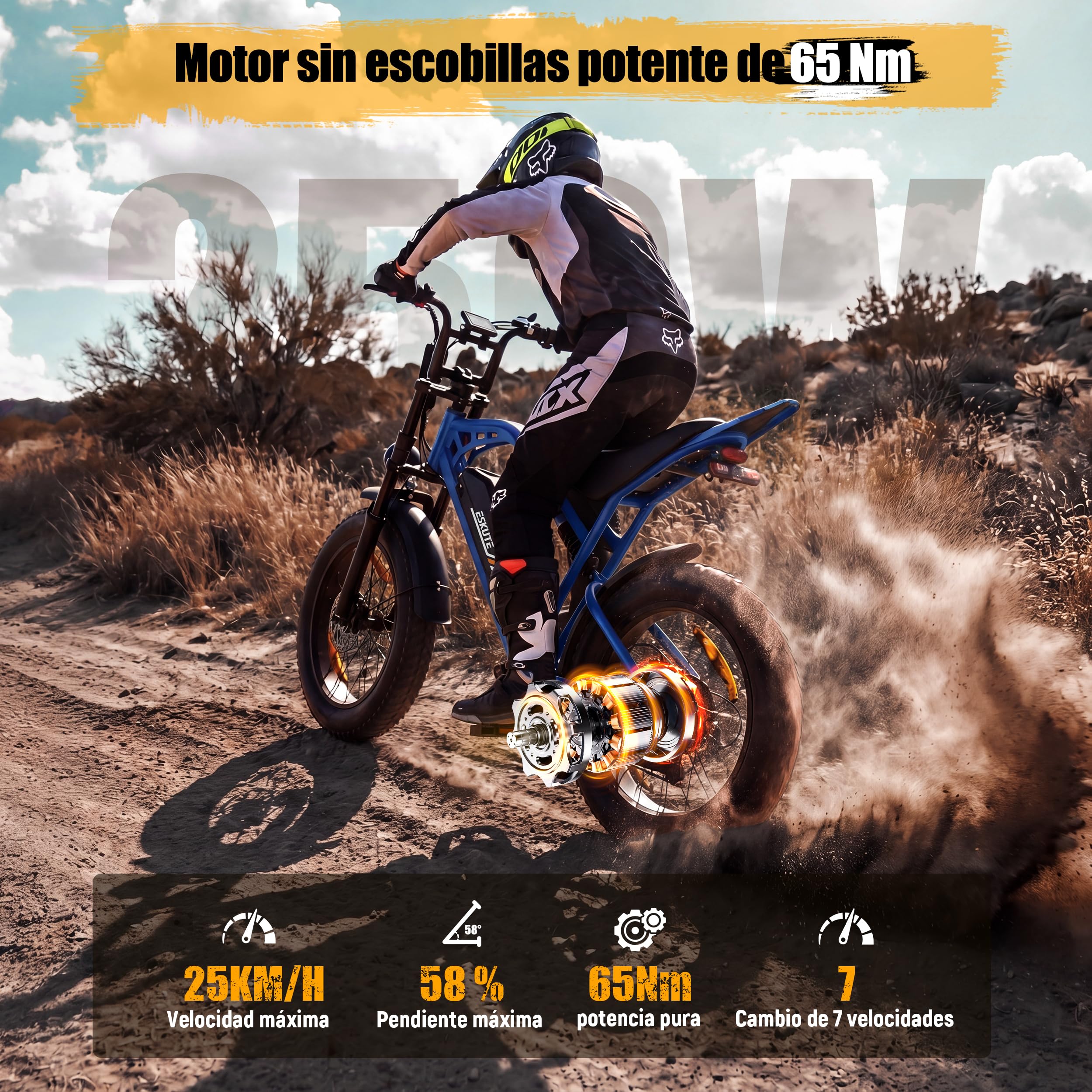 ESKUTE V202 - Bicicleta eléctrica para adultos, Fat Bike eléctrica 20 x 4.0 con batería extraíble de 48 V 20,8 Ah, E-Bike All Terrain, 7 velocidades, frenos de disco mecánicos