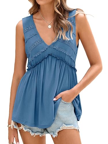 Glamaker Women Summer Tank Tops 2026 Boho Flowy Pleated Peplum Tops for Women Dressy Sleeveless V Neck Babydoll Camisoles (Blue L)