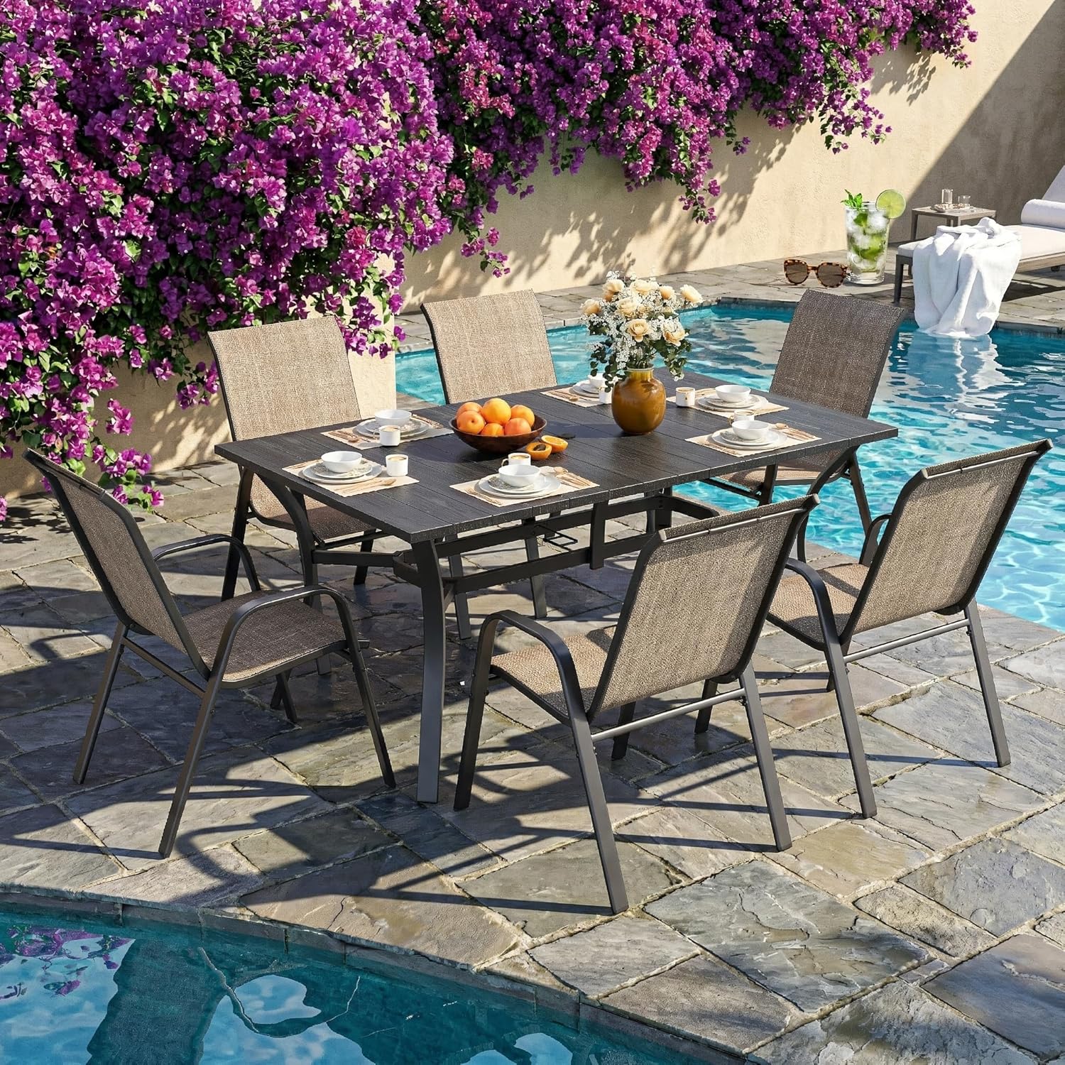 7-Piece Outdoor Patio Dining Set with Rectangular Wood-Grain Metal Table with Umbrella Hole and 6 Ergonomic Chairs,for Patio, Garden, Balcony (Brown-PD)