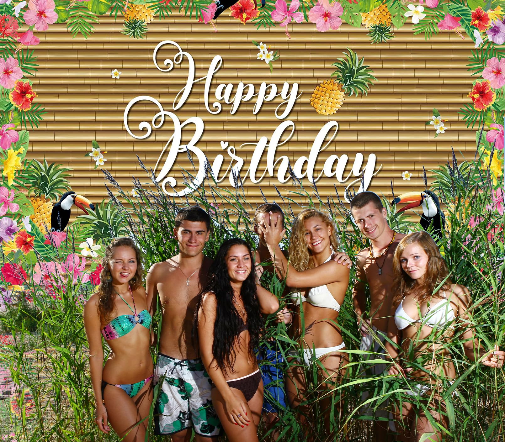 Decoración hawaiana de cumpleaños hawaiana, pancarta de feliz cumpleaños, pájaros tropicales y flores, decoración de cumpleaños, grande, hawaiano, tropical, verano, luau, telón de fondo de cumpleaños