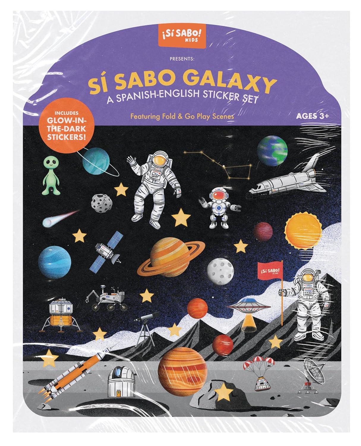 Space Sticker Book: Reusable Puffy Sticker Activity Book for Kids: With 30+ Glow-in-the-Dark Stickers, 2 Fold-Out Play & Go Scenes, and Travel Handles
