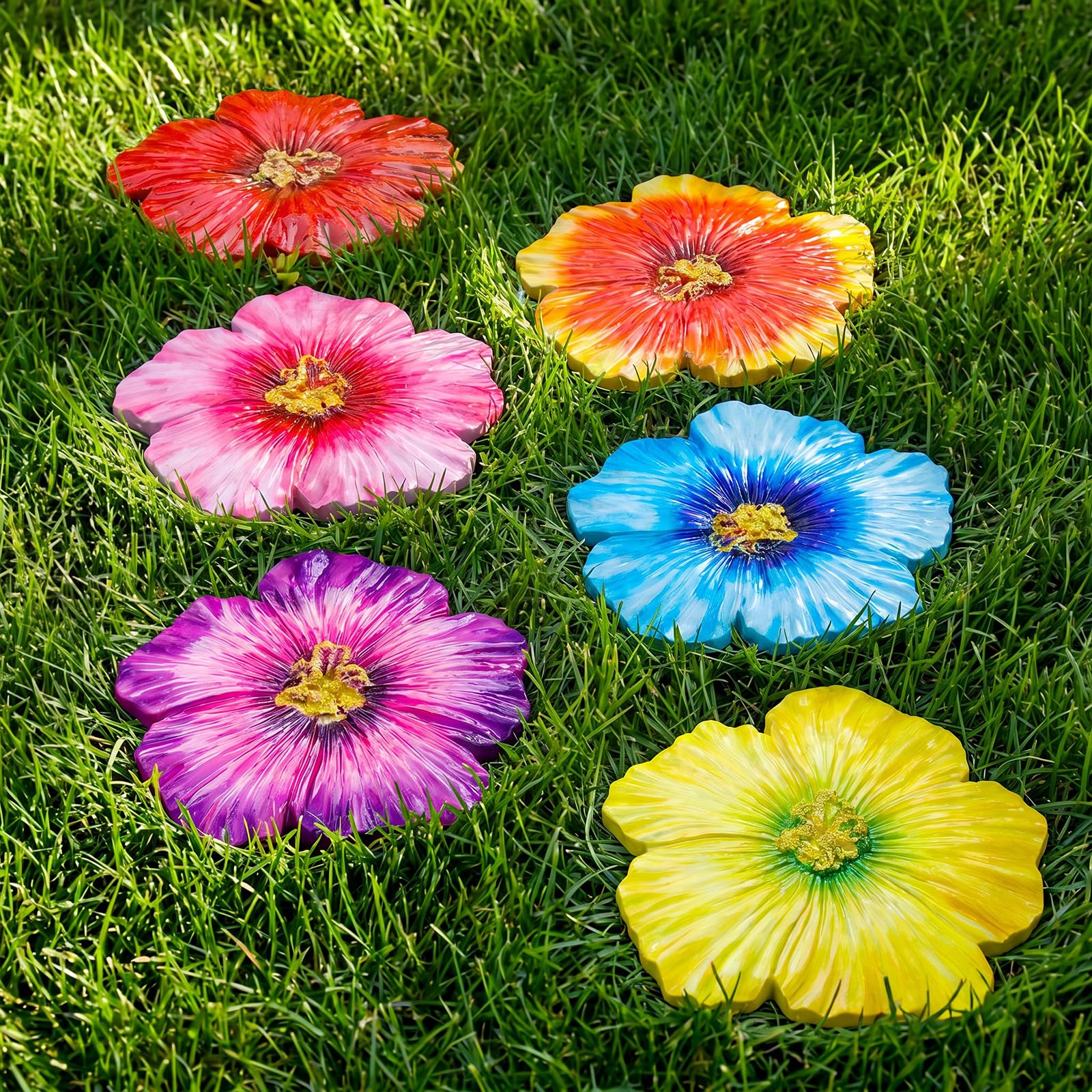 Photo 1 of Landical 6 Pack Decorative Stepping Stones for Garden 10 Inch Cement Flower Stepping Stones Decoration for Patio Walkway Yard Outdoor(Hibiscus)