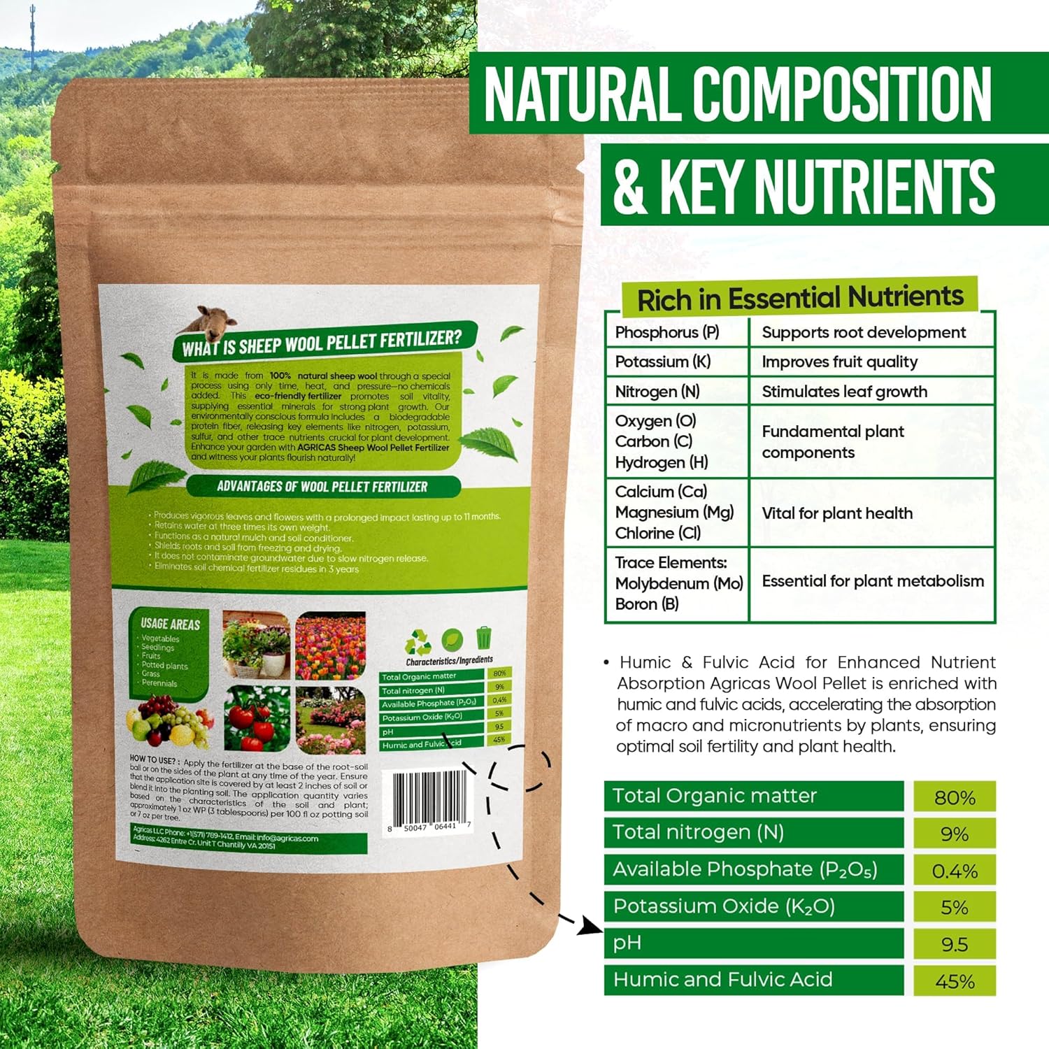 Wool Pellet Organic Fertilizer (4 * 2,2 lbs), Made of Sheep Wool, Water Holding, Enhances Soil Health, Ideal for Fruits, Vegetables, Flowers, Indoor and Outdoor Plants - 4 Pack