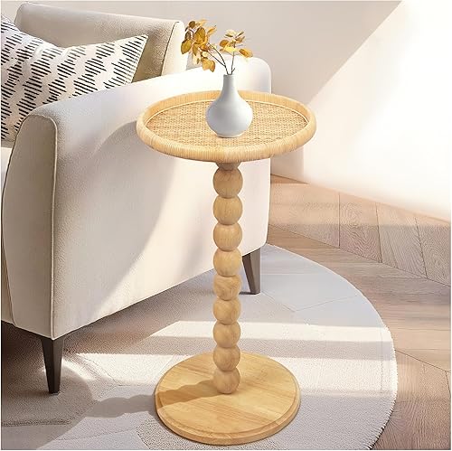 Mesa auxiliar redonda, mesa pequeña de madera maciza para espacios pequeños, mesa auxiliar de ratán bohemio para sala de estar, mesa decorativa