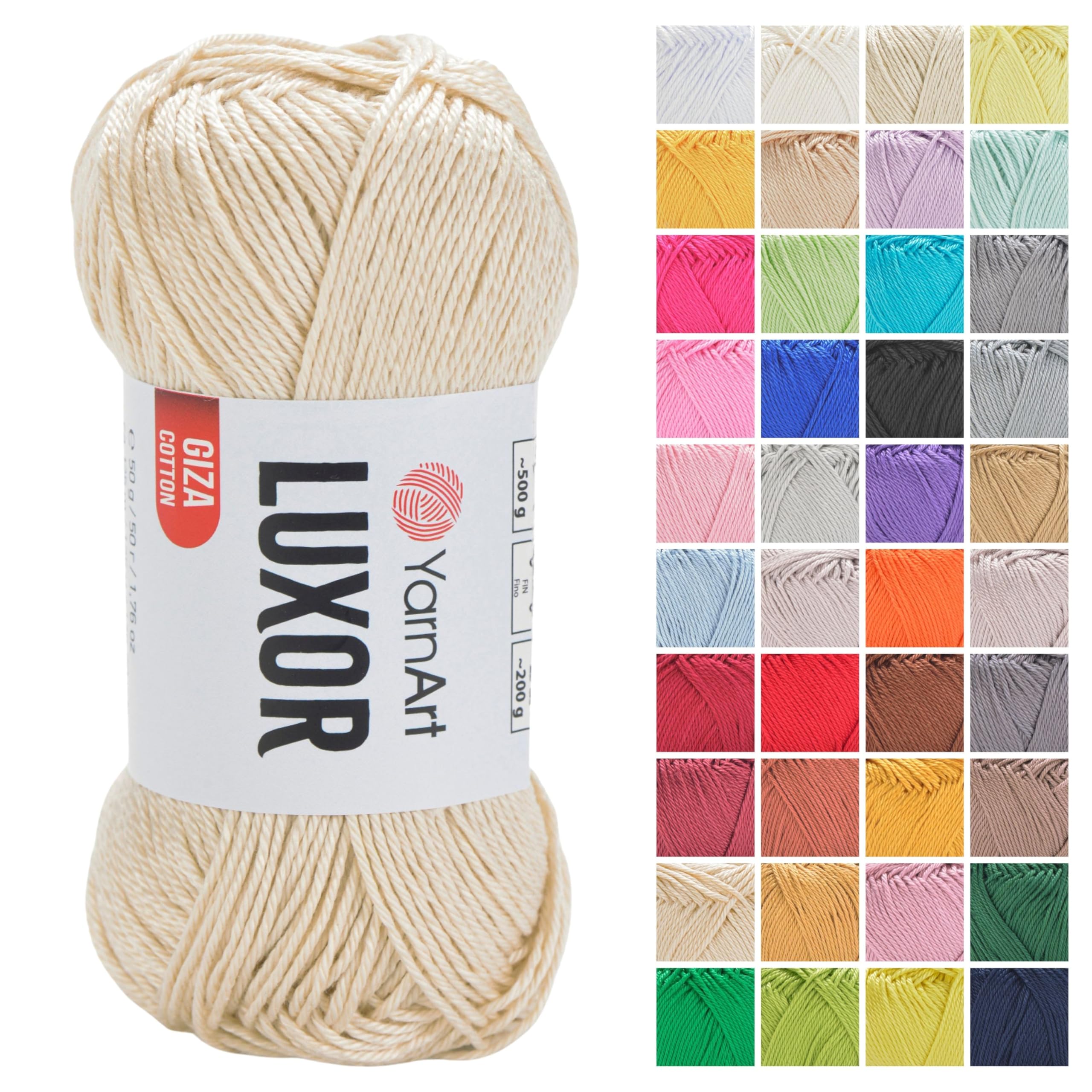 YarnArt Luxor Mercerized Cotton Yarn – 100% Giza Cotton, Smooth Texture, 50g (1.76 oz), 125m (136 yds), Lightweight Yarn for Summer Projects, Amigurumi, Baby Items, and Accessories (1202)