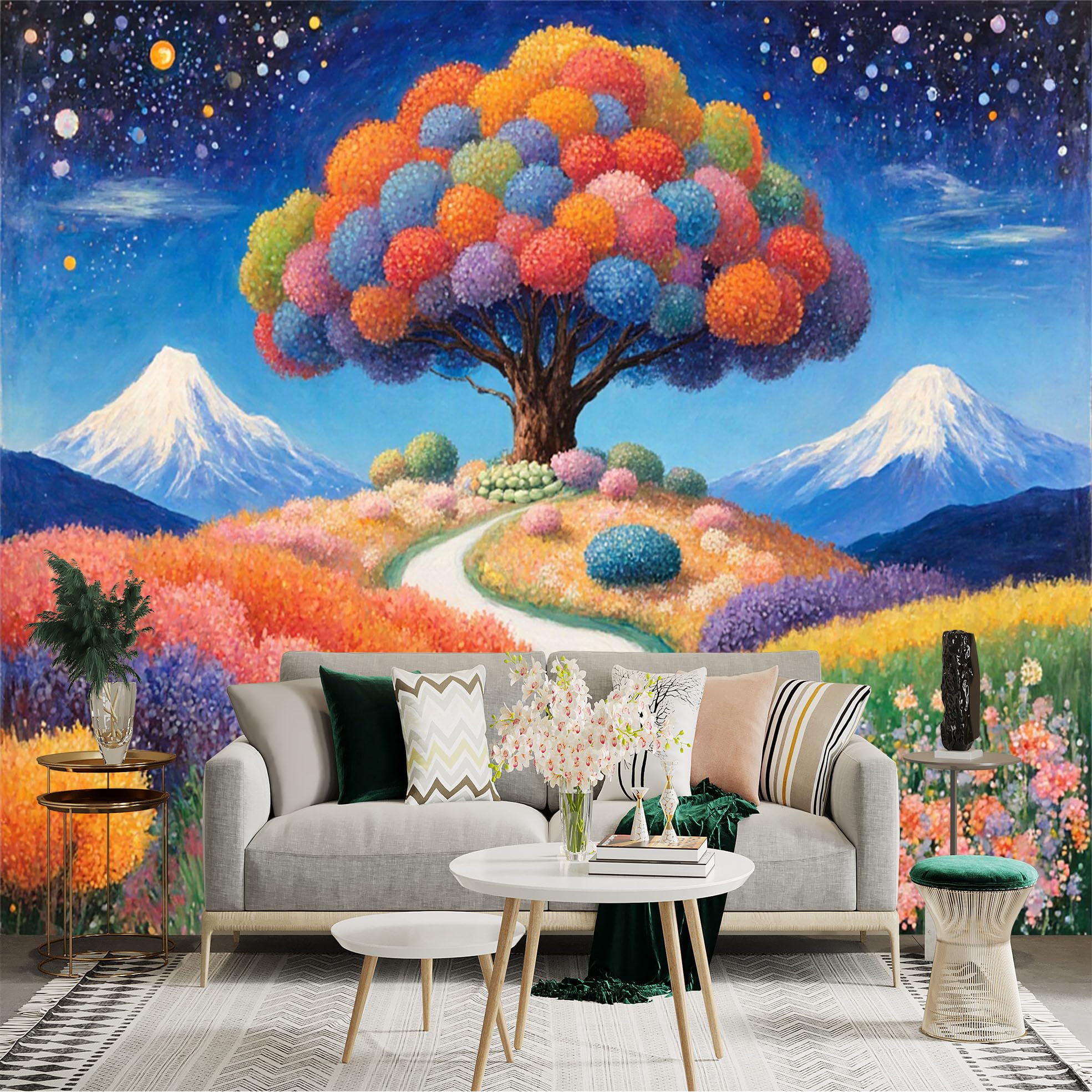 Custom Size Wall Sticker Mural， Colorful Tree of Life， Scenic Mountain Path， Vibrant Starry Night Landscape， for wall Decoration， peelandstick wall Decals.