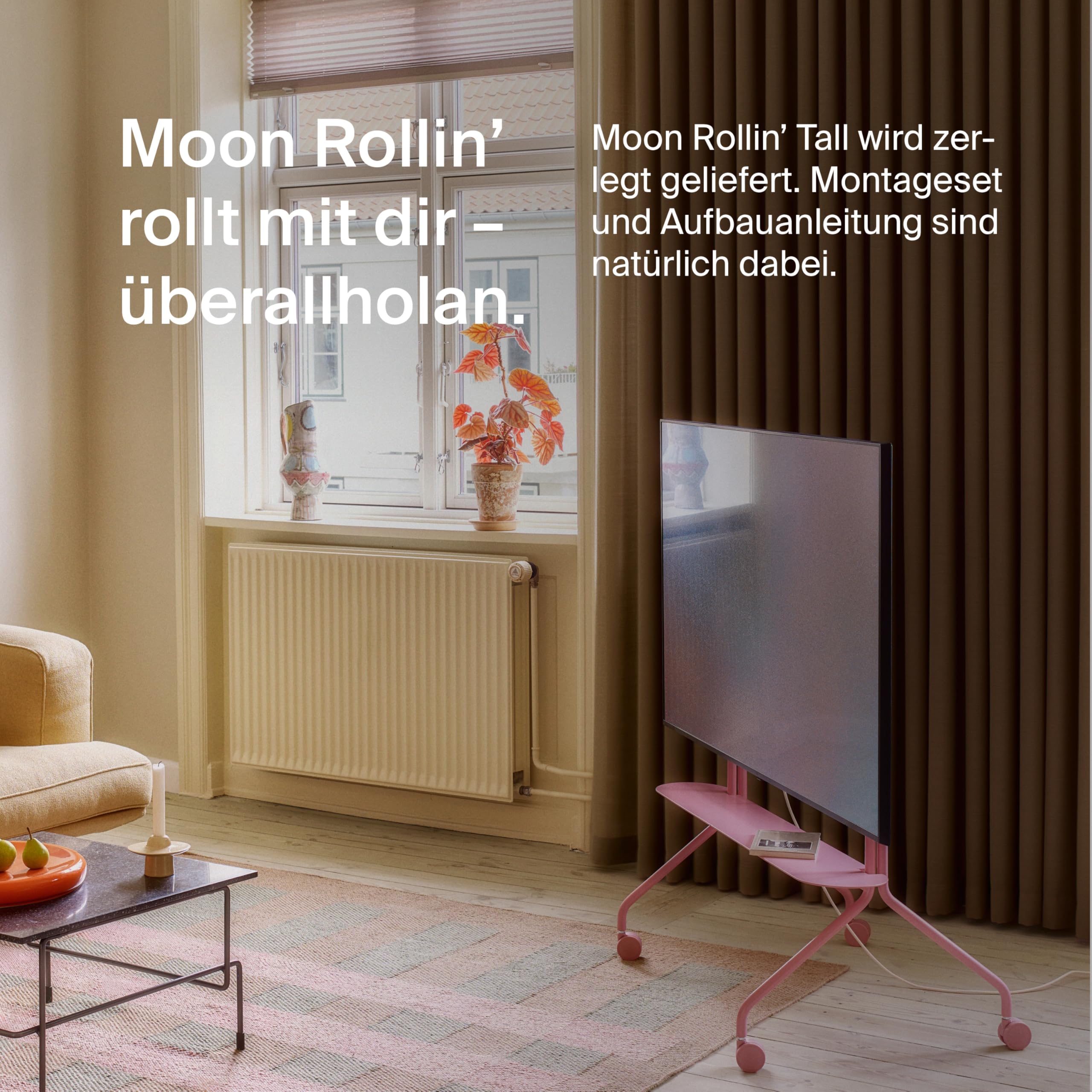 Pedestal Moon Rollin’ TV Ständer mit Rollen für Fernseher 44–60 Zoll | Fernsehständer & TV Wagen | TV Standfuss Rollbar | TV Bodenständer für Wohnzimmer | TV Erhöhung (Bubble Gum)
