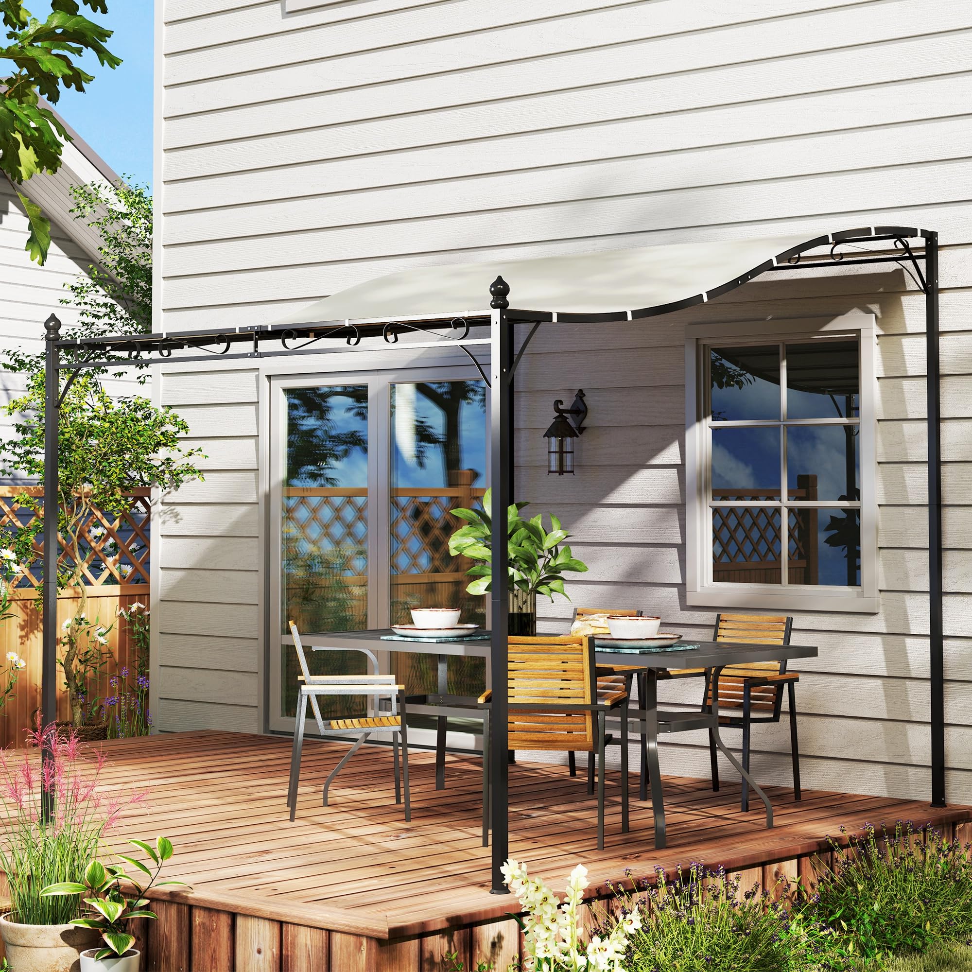 Outsunny Pergola Addossata 2.5x3m con Design Curvo e 16 Fori di Drenaggio, Gazebo Pergolato da Giardino in Metallo e Poliestere con Viti, per Esterno, Terrazza e Patio, Protezione UV, Crema