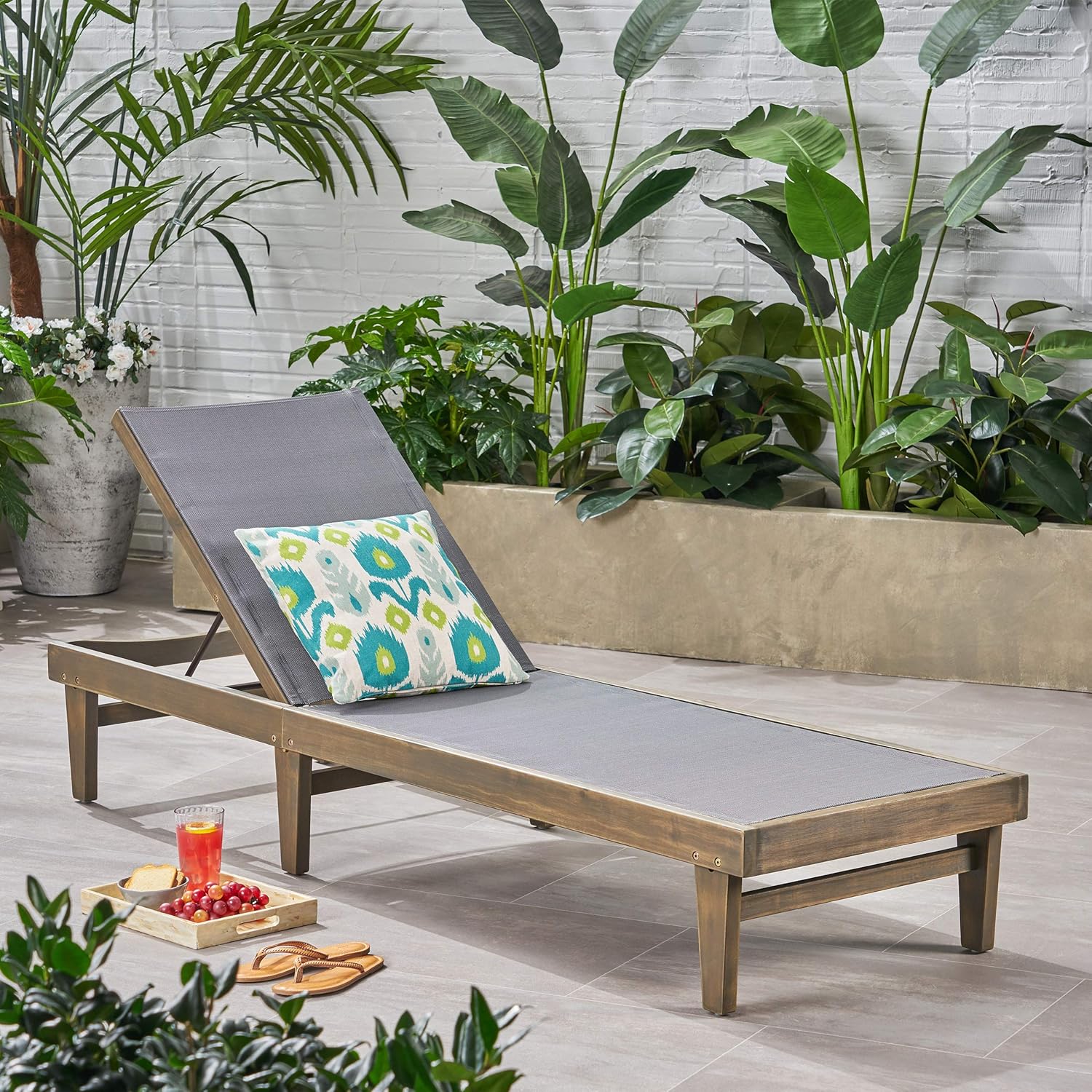 Christopher Knight Home Summerland Outdoor Mesh Chaise Lounge with Acacia Wood Frame, Grey Finish / Dark Grey Mesh : Patio, Lawn & Garden