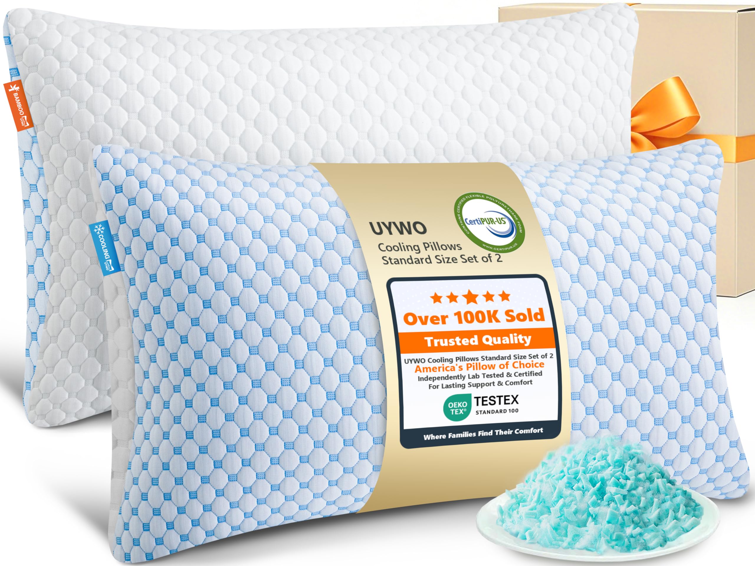 UYWO Cooling Memory Foam Pillows Standard Size Set of 2, Blue