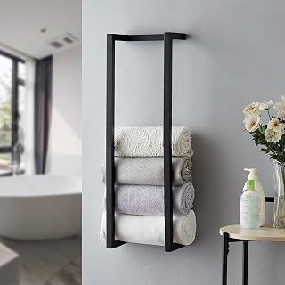 Roeveca Wall Mounted Towel Rack for Rolled Towels - Black Metal Bathroom Organizer Holds 6 Large Towels, Space-Saving Storage