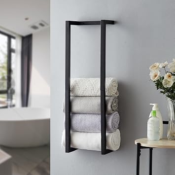 Towel Rack for Roll Towel, Towel Rack for Bathroom, Wall Mounted Metal Bathroom Organizer, Bath Towel Holder Wall, Modern Small Space, Bathroom Towel Storage Black