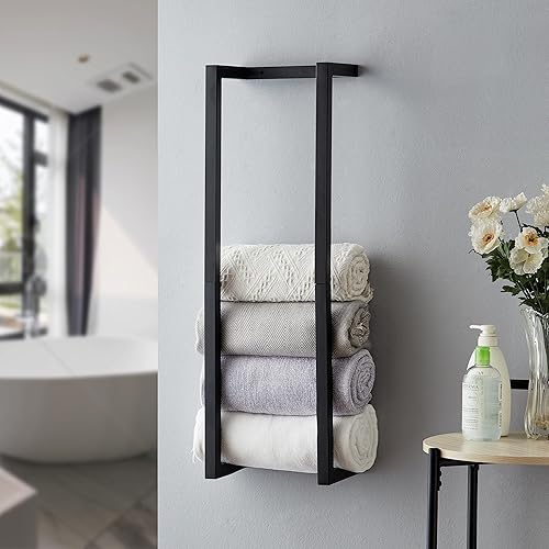 Towel Rack for Rolled Towels, Towel Rack for Bathroom,Wall Mounted Metal Bathroom Organizer, Bath Towel Holder Wall for Modern Small Space Bathroom Towel Storage (Black)