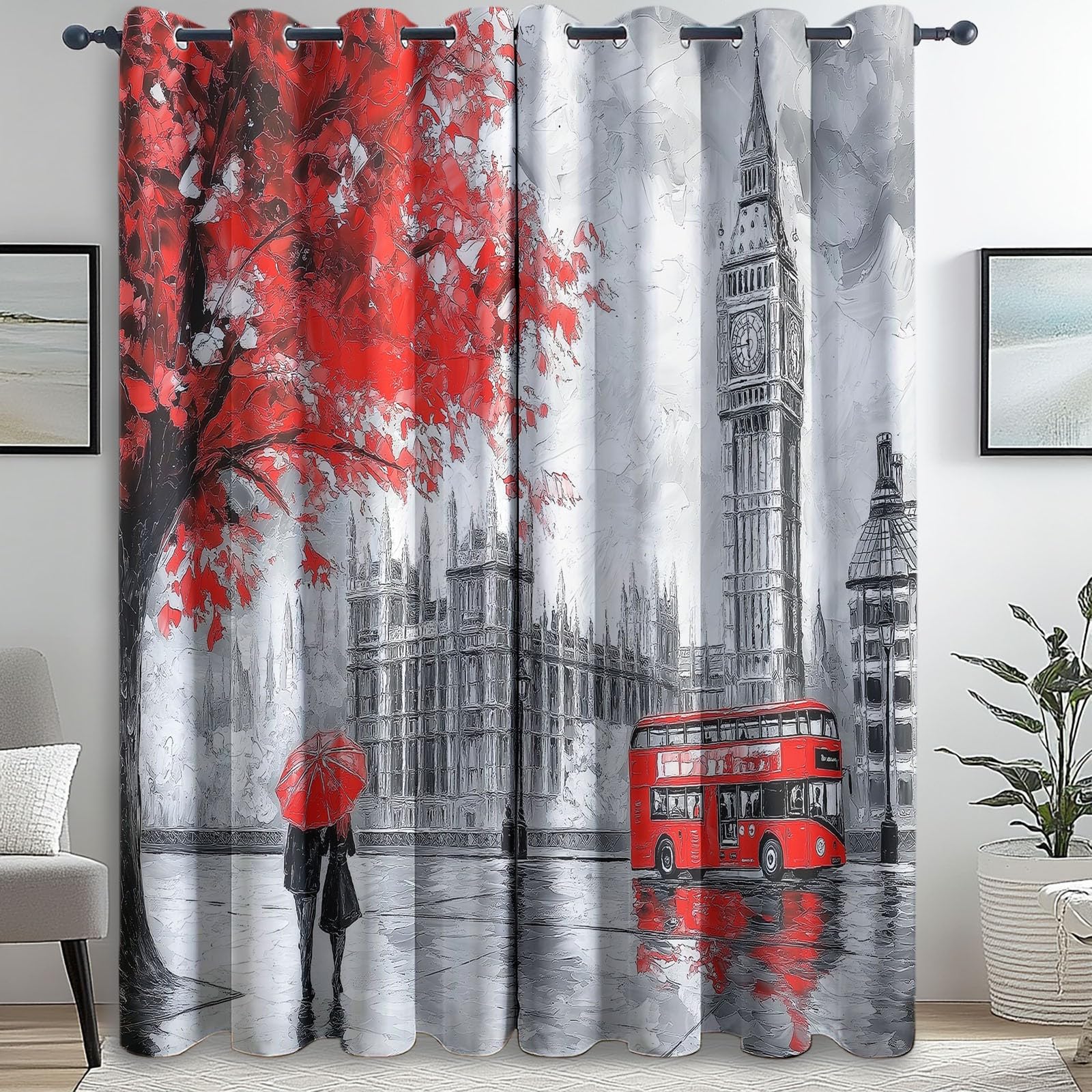 Zasłona zaciemniająca do budynku miejskiego autobusu czerwono-szara szer. 117 cm x dł. 229 cm (2 panele) zasłony zaciemniające do pokoju, energooszczędny nadruk, miękkie zasłony zaciemniające z