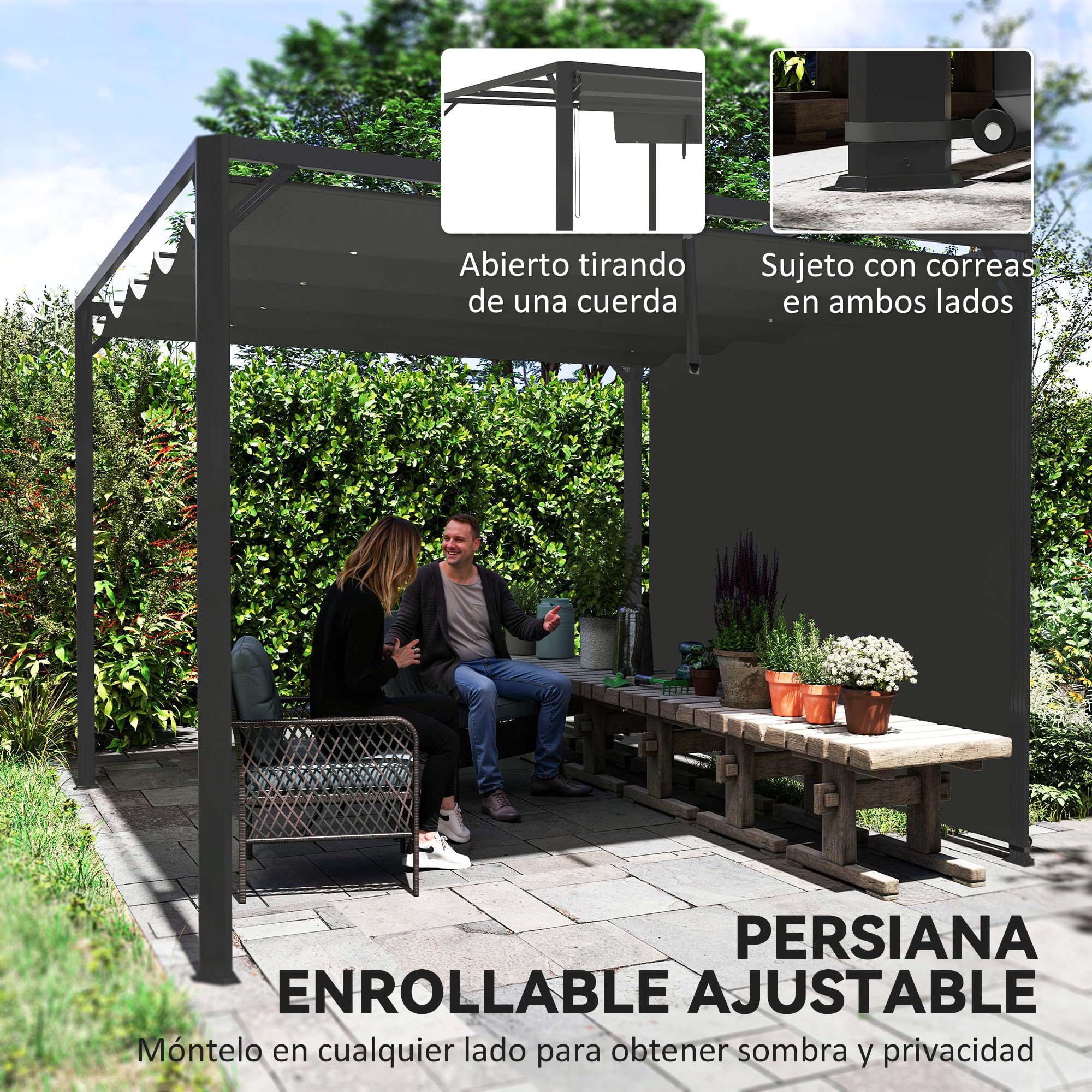 Outsunny Pérgola de Jardín 3x3 m con Techo Retráctil, Pared Lateral Enrollable y Estructura de Aluminio, Cenador de Jardín con UPF30+, Pabellón para Exterior, Patio, Terraza, Gris Oscuro