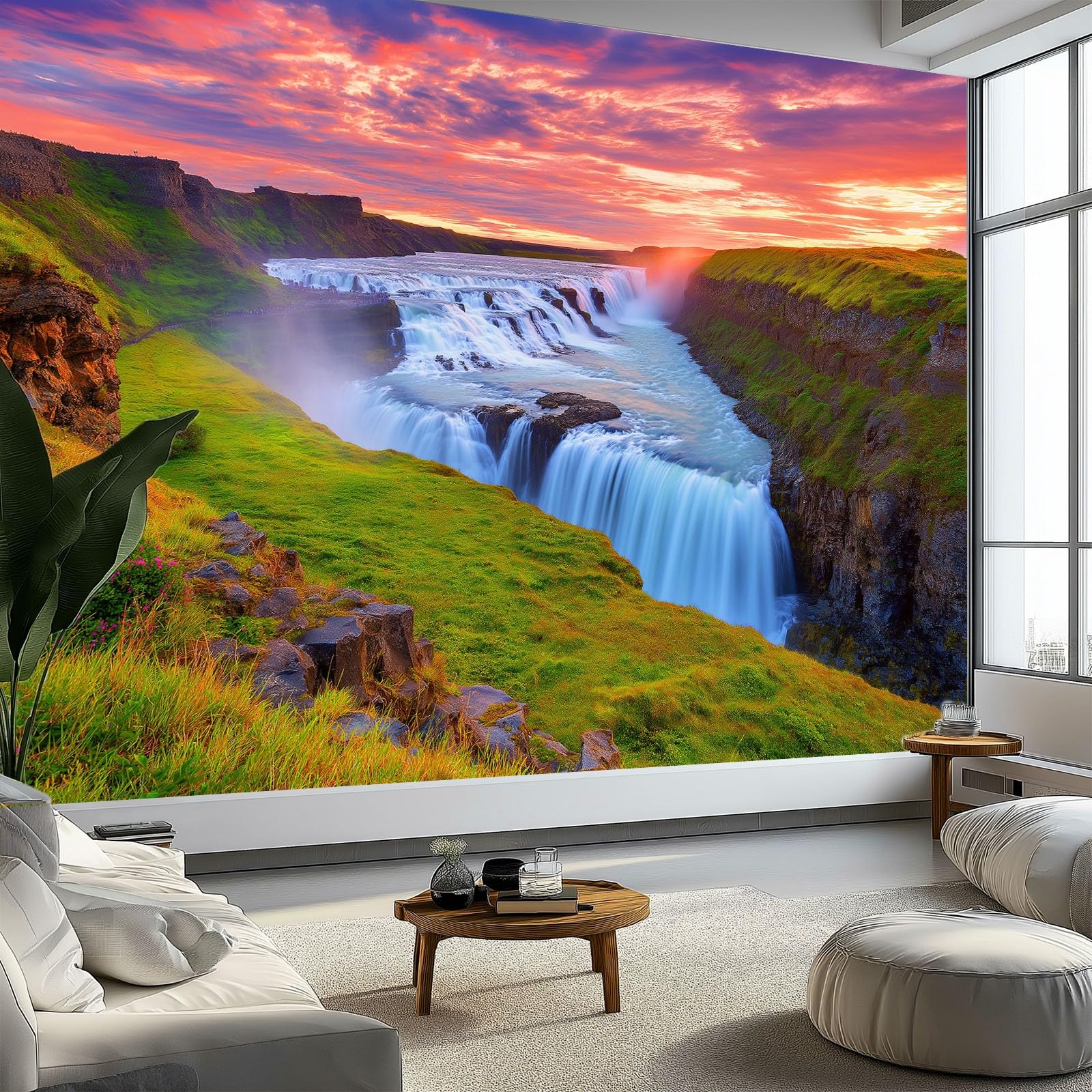 Fototapeta 3D 300 x 210 cm - wielokolorowa włóknina tapeta ścienna do salonu i telewizora biura - dekoracja XXL niesamoprzylepna natura wodospad chmura ogień łąka