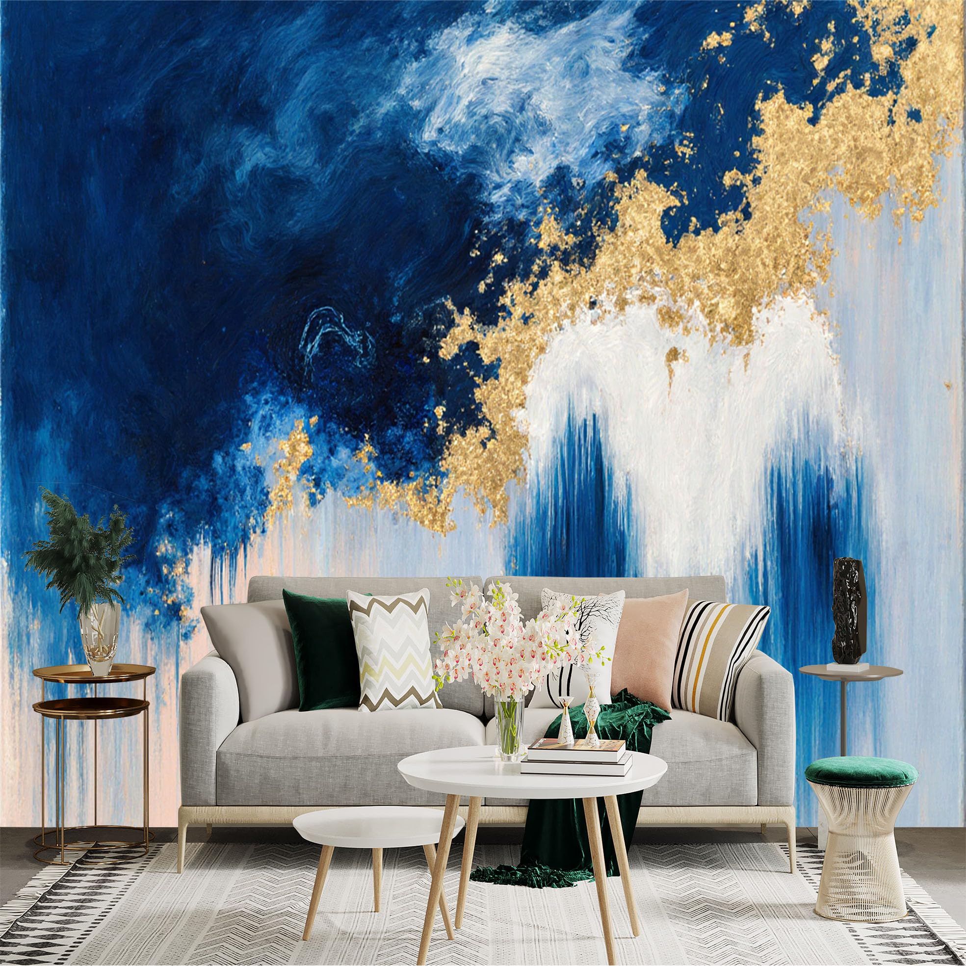 Custom Size Wall Sticker Mural， Abstract Navy Blue and Gold Foil Texture， Modern Artistic Oil Painting Style， for wall Decoration， peelandstick wall Decals.